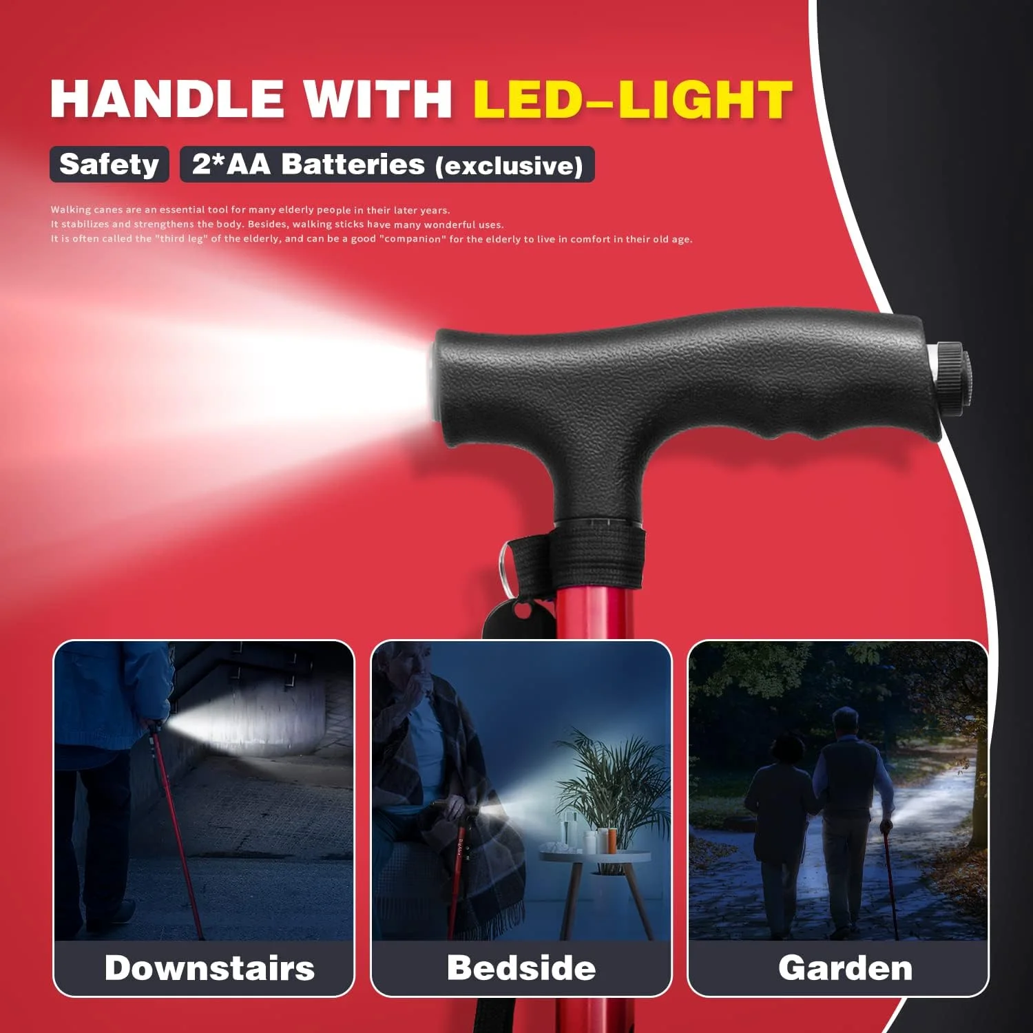 عصای تاشو پیاده روی BigAlex با چراغ LED، پایه چهارگانه چرخشی، عصای پیاده روی قابل تنظیم با کیف حمل برای مردان/زنان