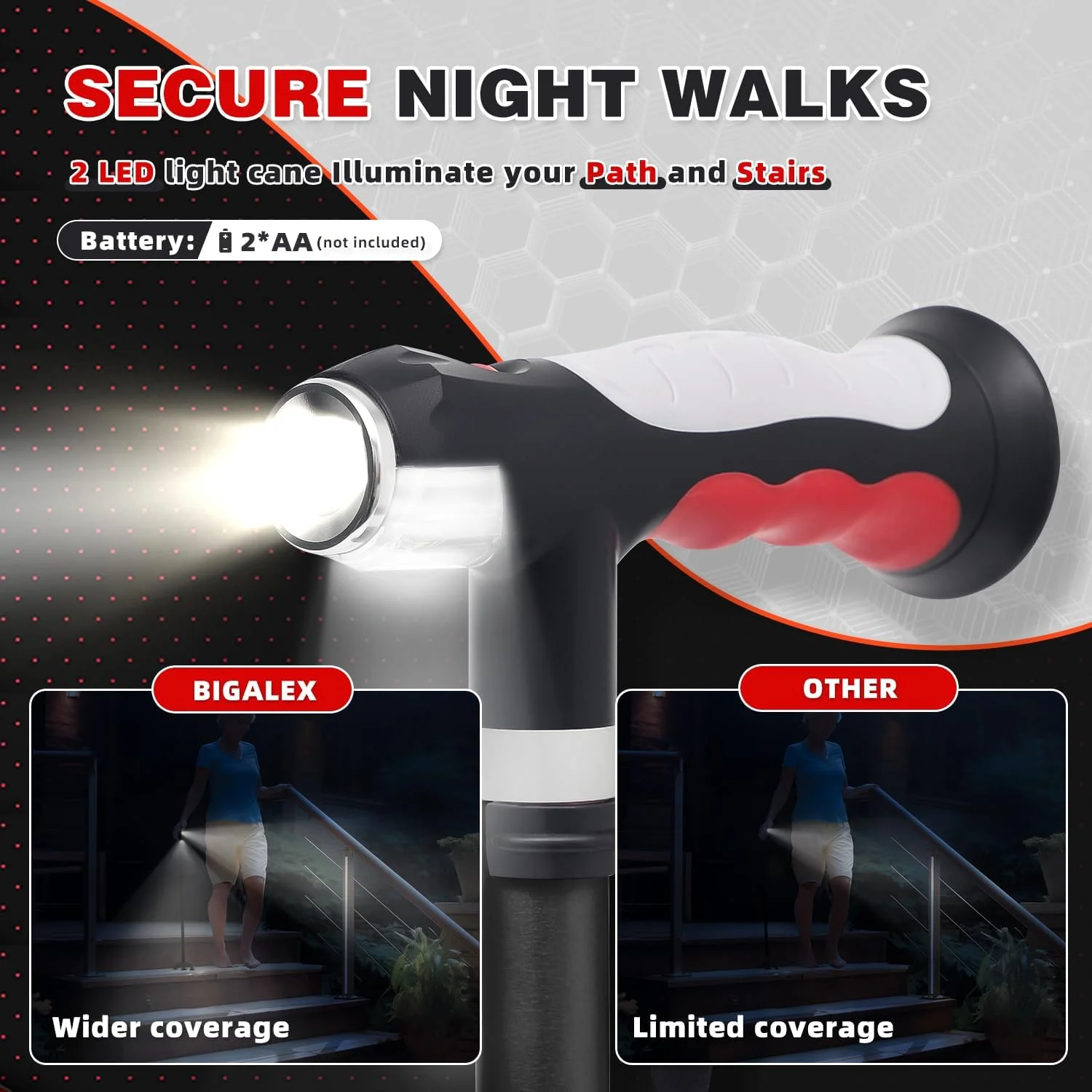 عصای تاشو BigAlex با دو چراغ LED برای سالمندان، پایه محکم، عصای پیاده روی قابل تنظیم با کیف حمل برای آقایان و بانوان عصای تاشو BigAlex با دو چراغ LED برای سالمندان، پایه محکم، عصای پیاده روی قابل تنظیم با کیف حمل برای آقایان و بانوان