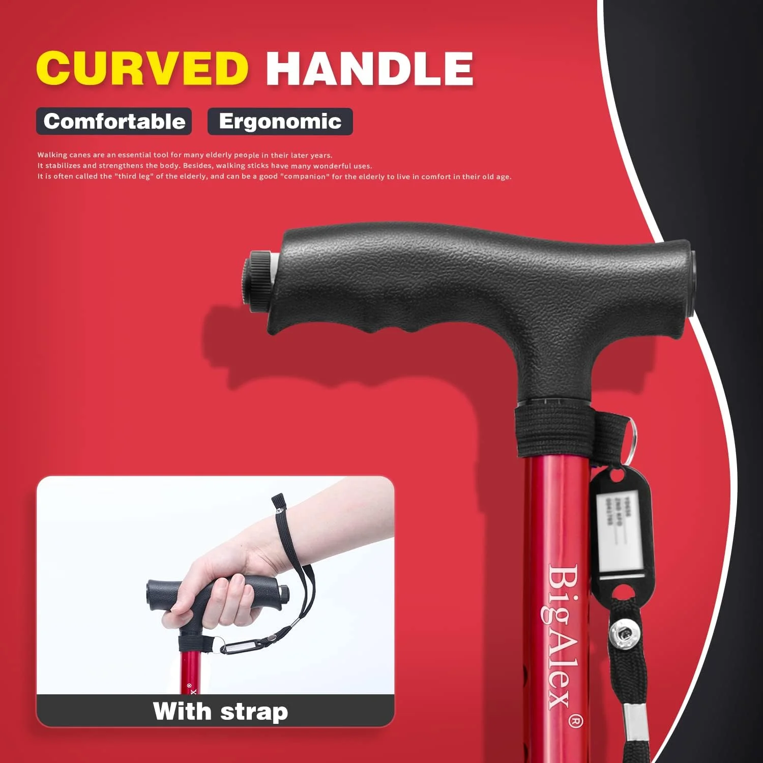 عصای تاشو پیاده روی BigAlex با چراغ LED، پایه چهارگانه چرخشی، عصای پیاده روی قابل تنظیم با کیف حمل برای مردان/زنان