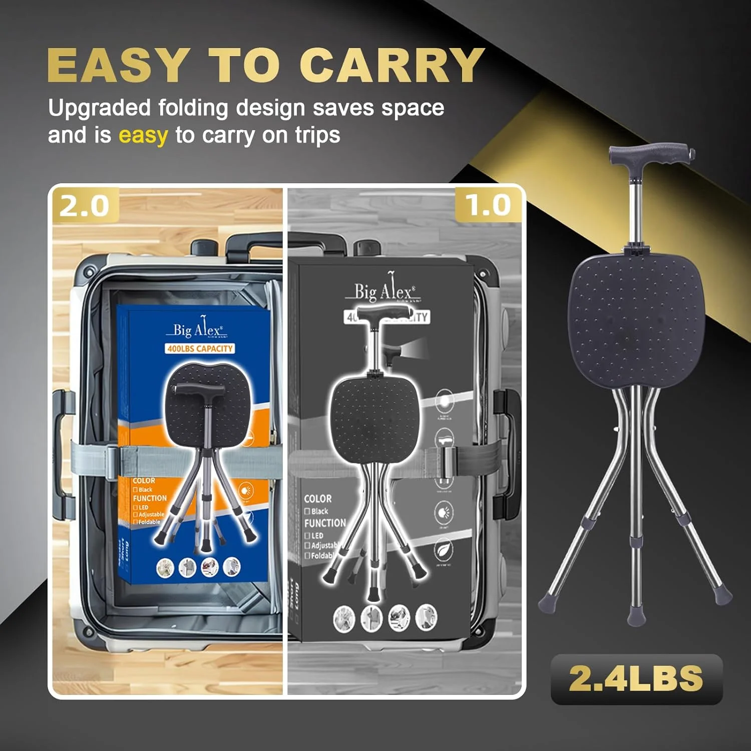 عصای تاشو آلیاژی BigAlex با صندلی، عصای پیاده روی سبک و قابل تنظیم با صندلی، عصای صندلی دار با LED برای سالمندان، صندلی عصایی برای زنان/مردان، عصای ضد لغزش برای سالمندان، مشکی