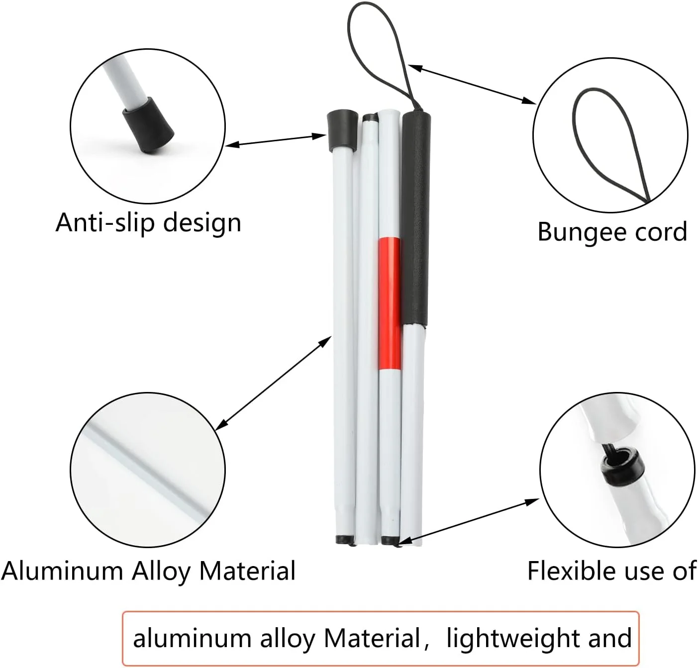 عصای نابینایان تاشو BXUDYEM با نوار بازتابنده قرمز برای افراد نابینا و کم بینا، عصای آلومینیومی تاشو 48 اینچی ضد لغزش عصای نابینایان تاشو BXUDYEM با نوار بازتابنده قرمز برای افراد نابینا و کم بینا، عصای آلومینیومی تاشو 48 اینچی ضد لغزش