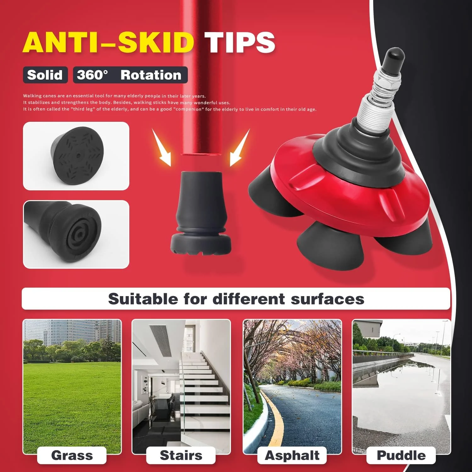 عصای تاشو پیاده روی BigAlex با چراغ LED، پایه چهارگانه چرخشی، عصای پیاده روی قابل تنظیم با کیف حمل برای مردان/زنان