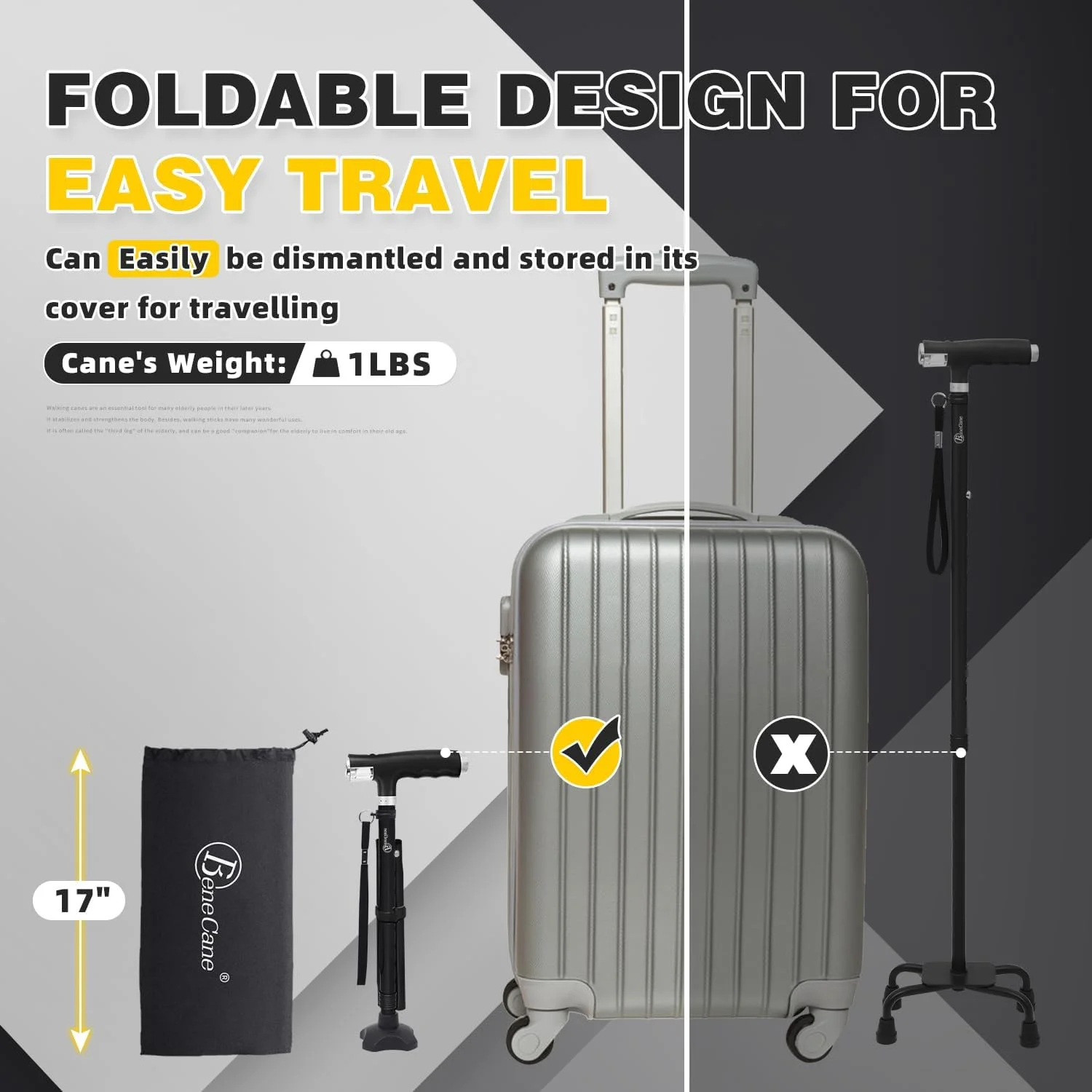 عصای پیاده روی BeneCane برای زنان، عصای تاشو برای مردان با دو چراغ ال ای دی، عصای چهار پایه با پایه پایدار، عصای پیاده روی سبک و قابل تنظیم عصای پیاده روی BeneCane برای زنان، عصای تاشو برای مردان با دو چراغ ال ای دی، عصای چهار پایه با پایه پایدار، عصای پیاده روی سبک و قابل تنظیم