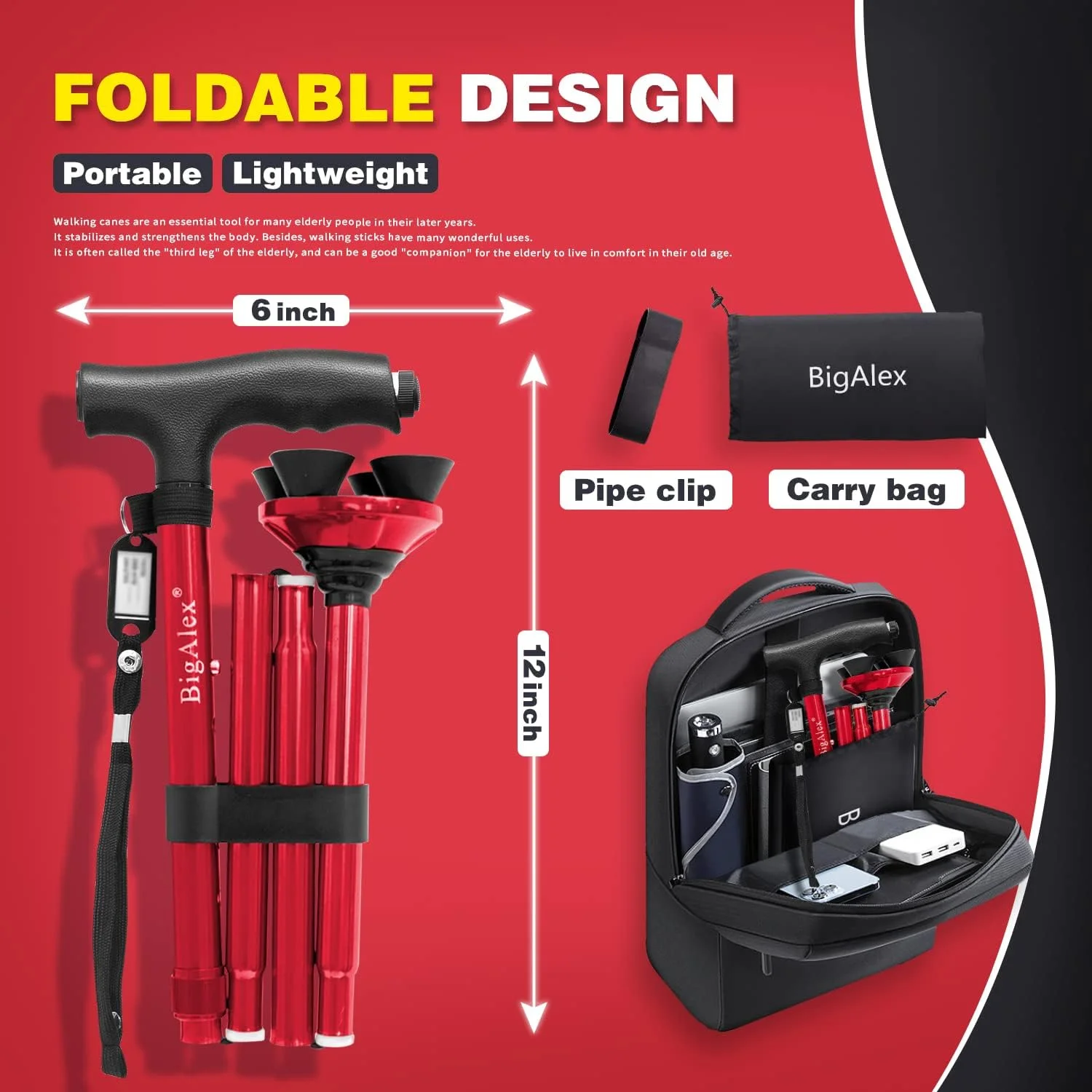 عصای تاشو پیاده روی BigAlex با چراغ LED، پایه چهارگانه چرخشی، عصای پیاده روی قابل تنظیم با کیف حمل برای مردان/زنان