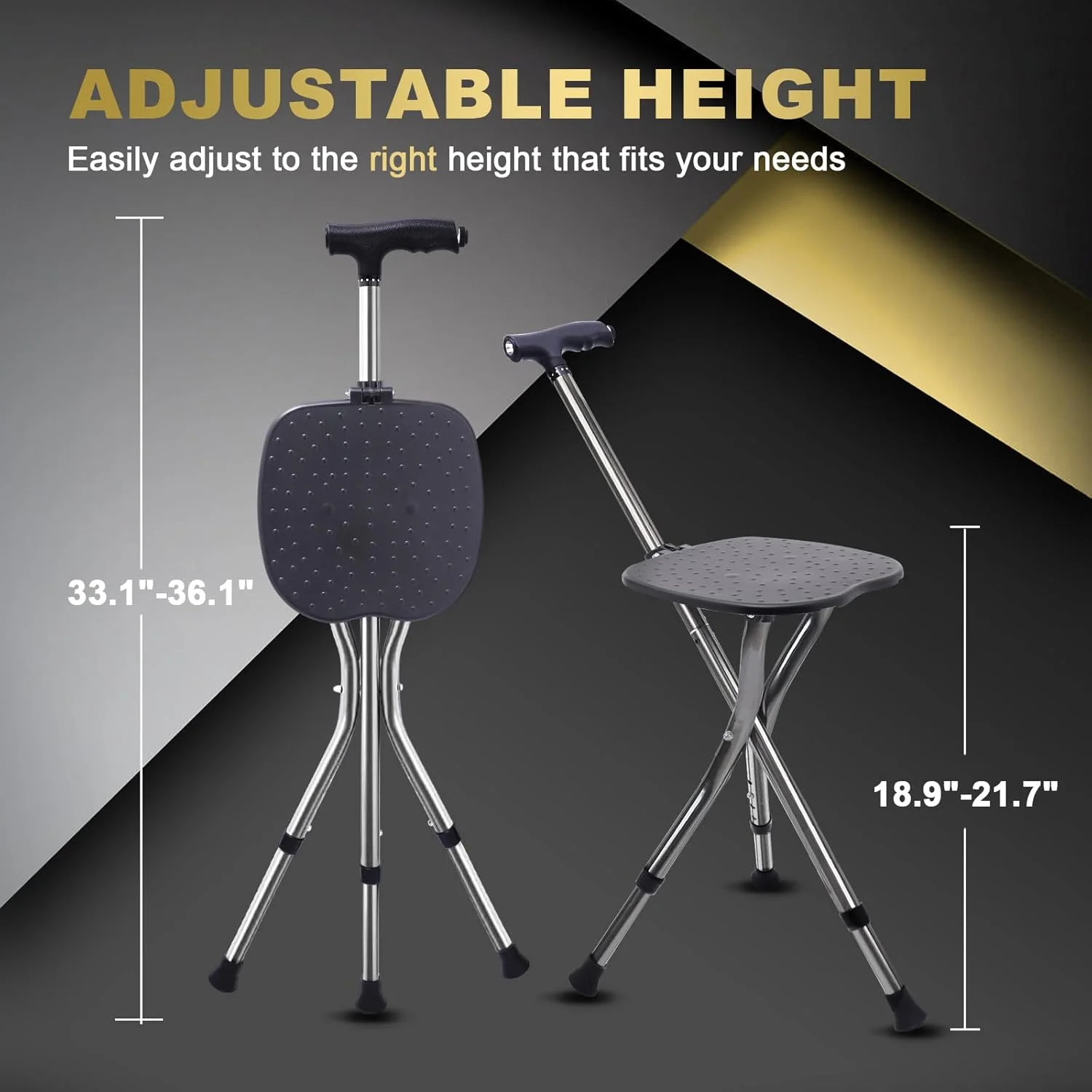 عصای تاشو آلیاژی BigAlex با صندلی، عصای پیاده روی سبک و قابل تنظیم با صندلی، عصای صندلی دار با LED برای سالمندان، صندلی عصایی برای زنان/مردان، عصای ضد لغزش برای سالمندان، مشکی