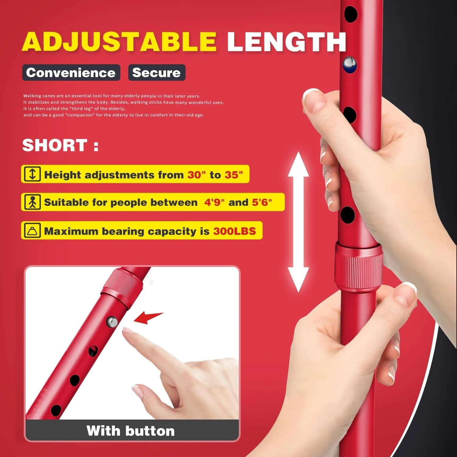 عصای تاشو پیاده روی BigAlex با چراغ LED، پایه چهارگانه چرخشی، عصای پیاده روی قابل تنظیم با کیف حمل برای مردان/زنان