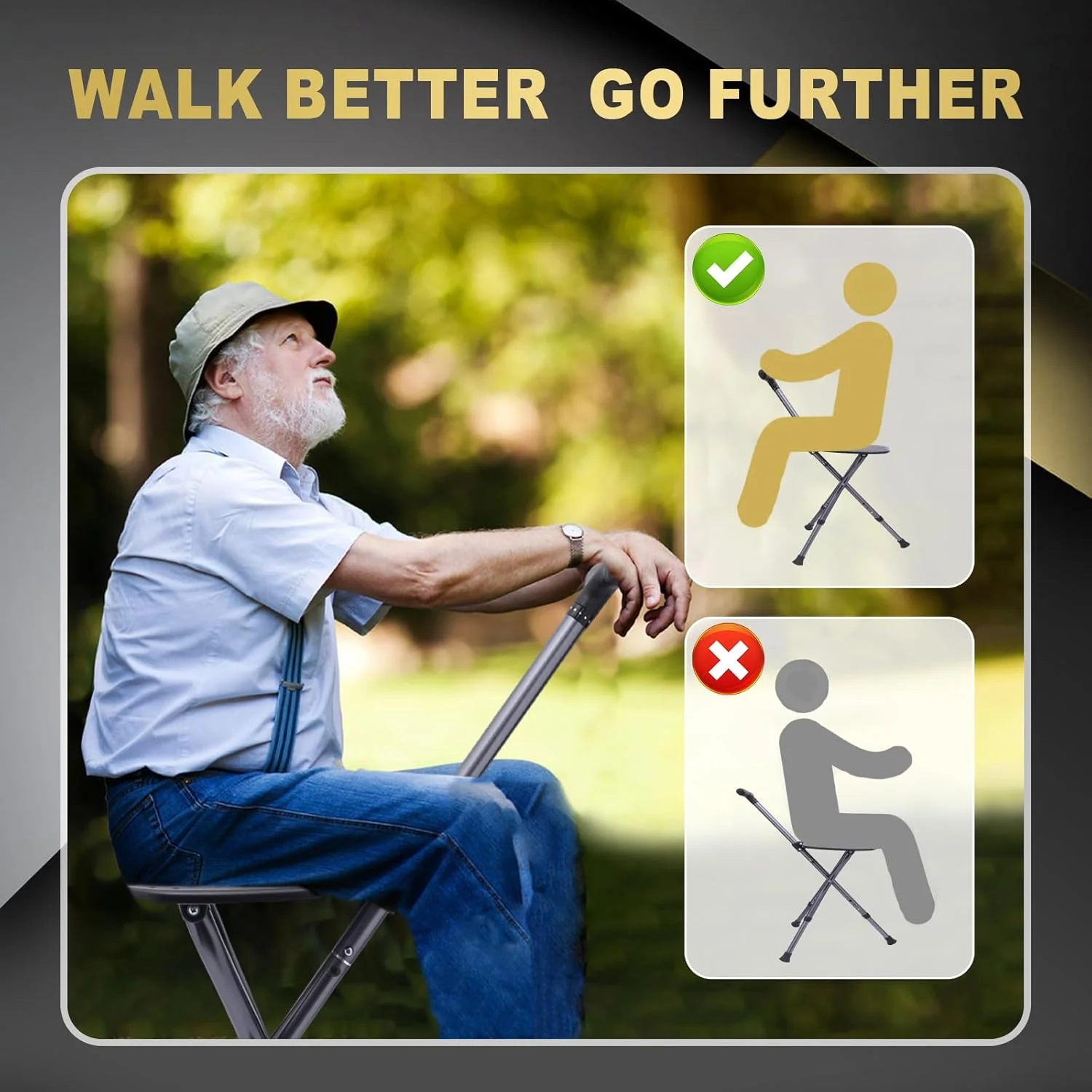 عصای تاشو آلیاژی BigAlex با صندلی، عصای پیاده روی سبک و قابل تنظیم با صندلی، عصای صندلی دار با LED برای سالمندان، صندلی عصایی برای زنان/مردان، عصای ضد لغزش برای سالمندان، مشکی