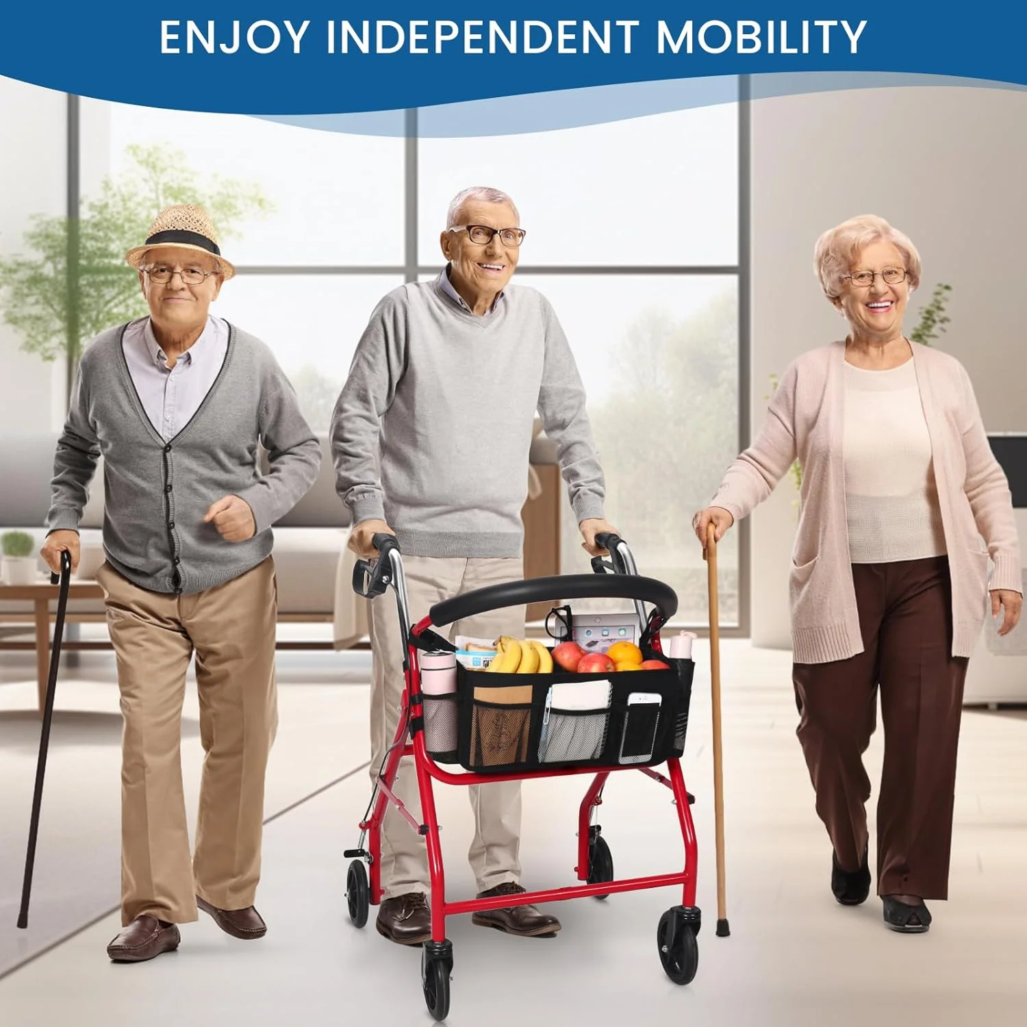 سبد ارتقا یافته رولیتور BWJYXXSC، کیف بزرگ لوازم جانبی واکر رولیتور با جیب های متعدد، لوازم جانبی رولیتور برای سبدهای واکر سالمندان برای واکر تاشو چرخ دار، استفاده آسان (مشکی)