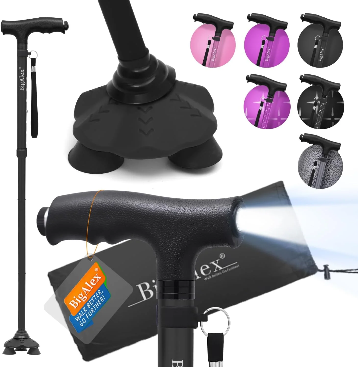 عصای تاشو BigAlex با چراغ LED، عصای سبک و قابل تنظیم برای زنان و مردان، عصای ایستاده، نوک محوری، عصای پیاده روی قابل تنظیم با کیف حمل برای تعادل و ثبات سالمندان