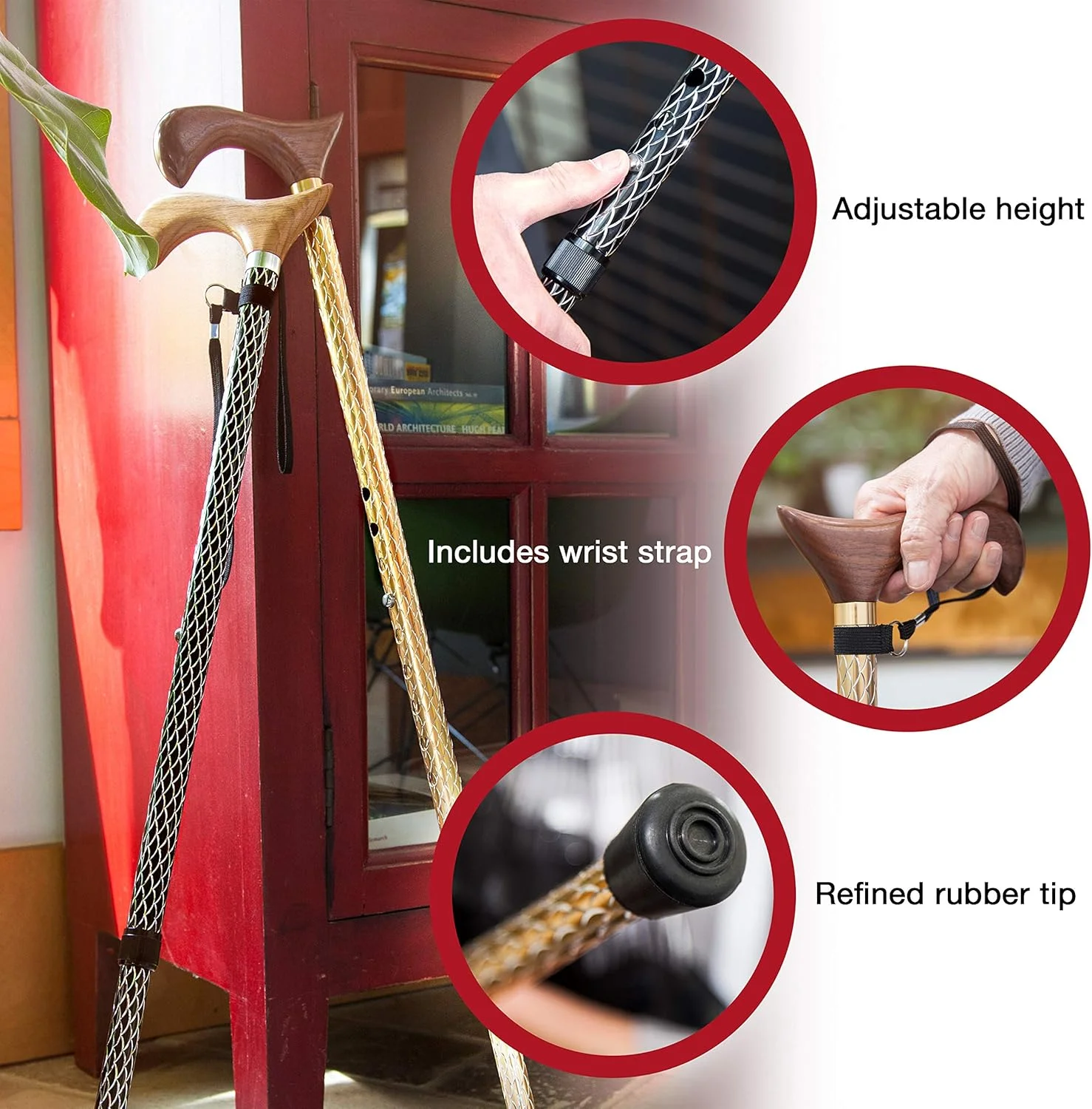 عصای پیاده روی قابل تنظیم برازوس برای مردان و زنان، ساخته شده از آلومینیوم سبک وزن حکاکی شده با دسته چوبی، بند مچی و نوک لاستیکی برای ایمنی، بدنه مشکی و نقره ای با دسته چوب بلوط قرمز