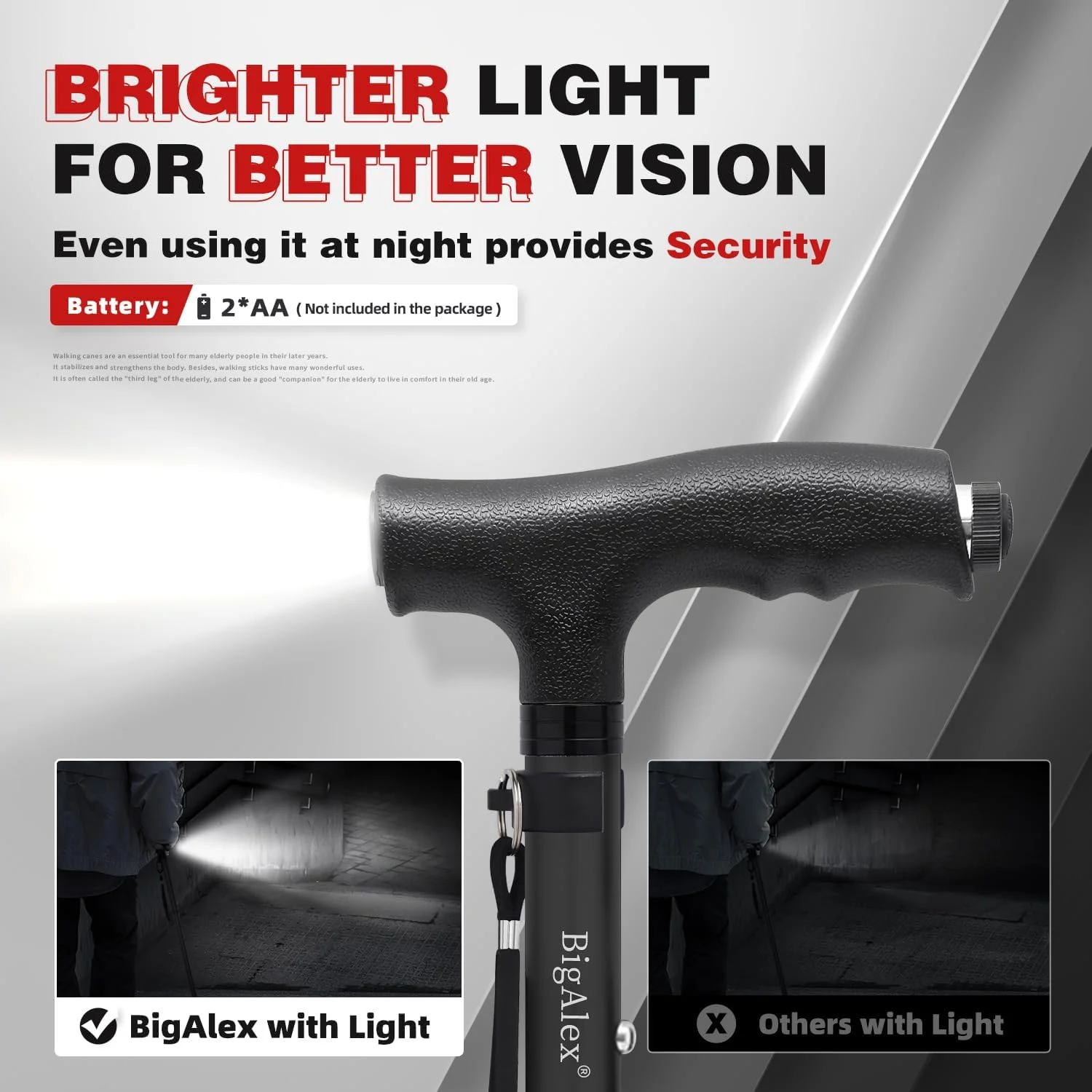 عصای تاشو BigAlex با چراغ LED، عصای سبک و قابل تنظیم برای زنان و مردان، عصای ایستاده، نوک محوری، عصای پیاده روی قابل تنظیم با کیف حمل برای تعادل و ثبات سالمندان