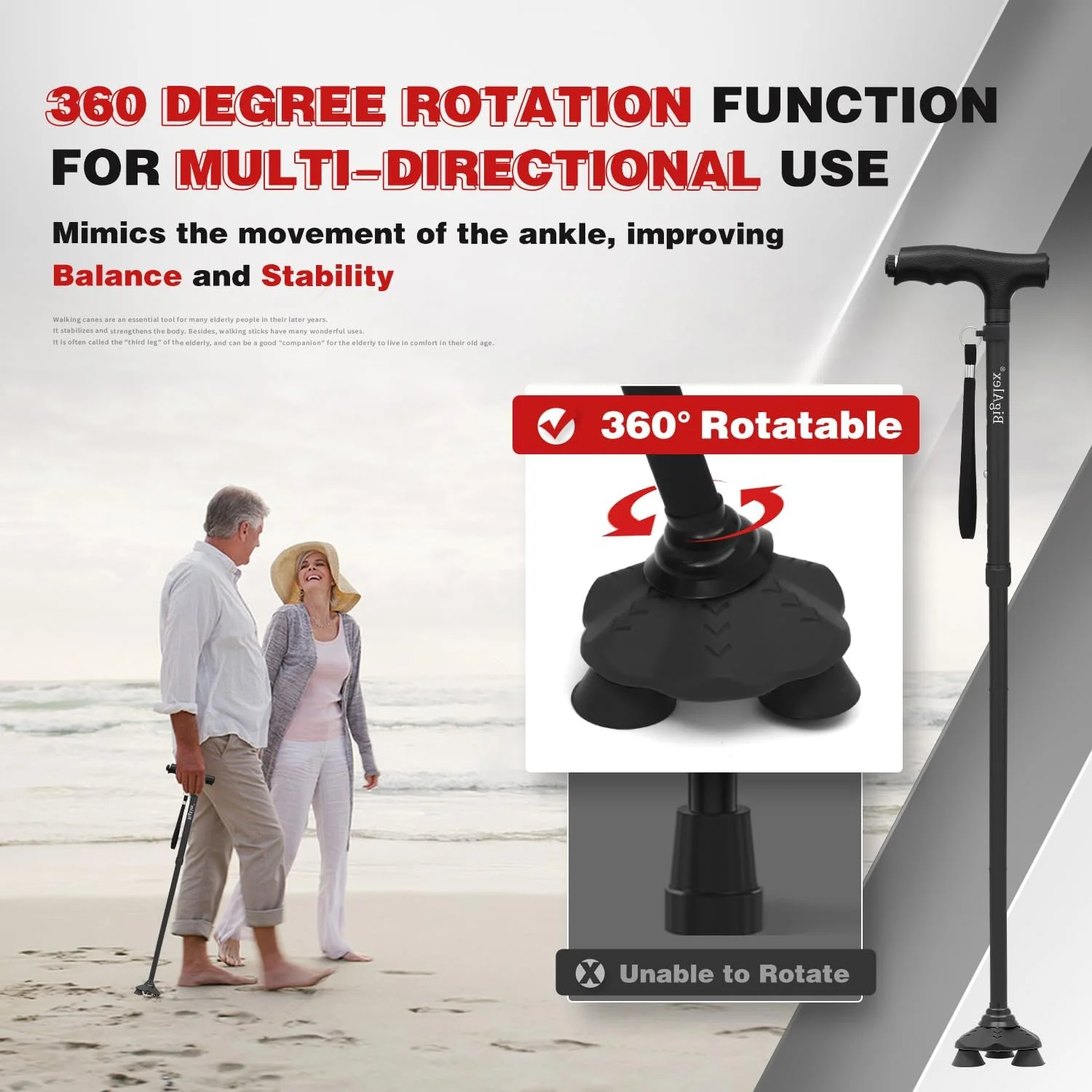 عصای تاشو BigAlex با چراغ LED، عصای سبک و قابل تنظیم برای زنان و مردان، عصای ایستاده، نوک محوری، عصای پیاده روی قابل تنظیم با کیف حمل برای تعادل و ثبات سالمندان