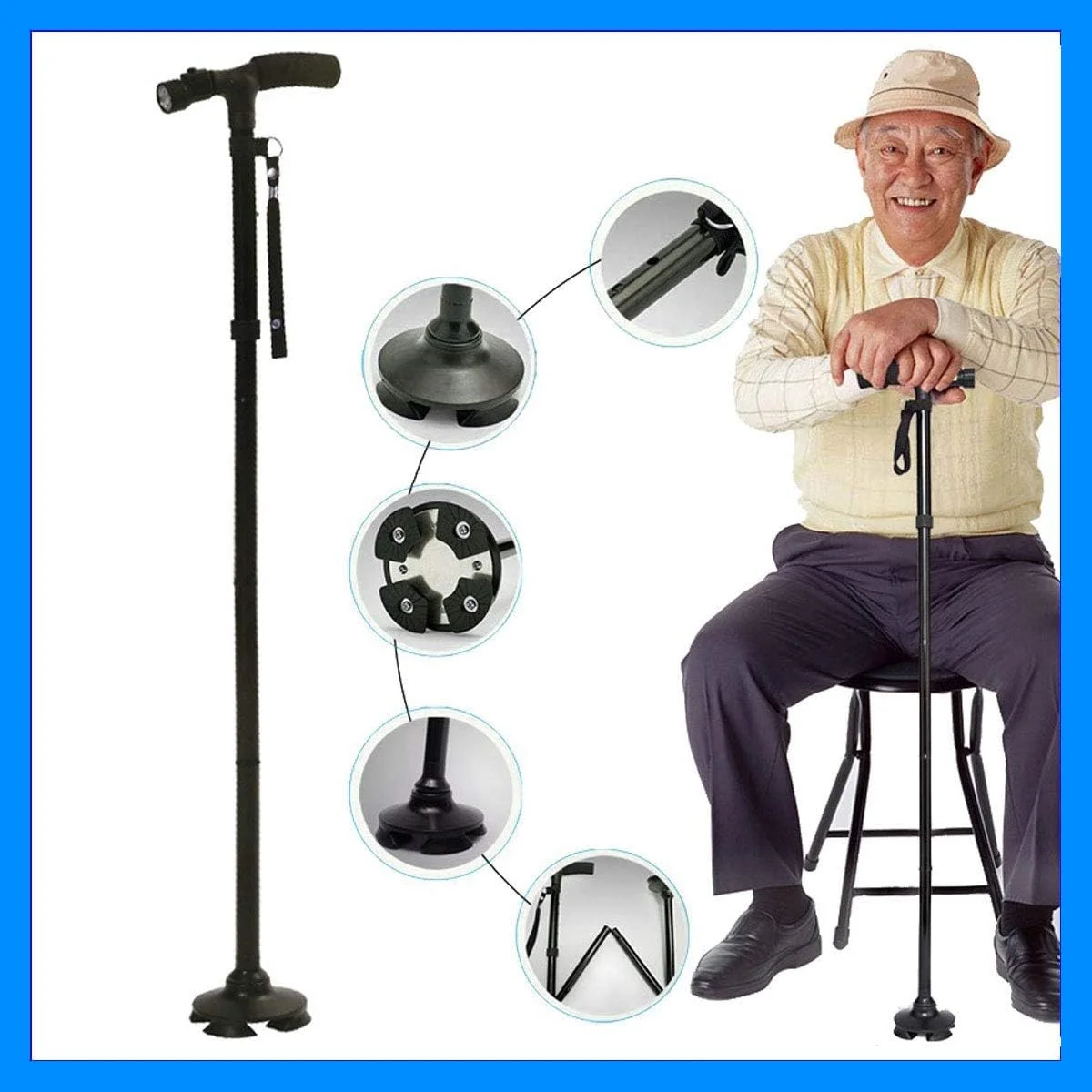 عصای جادویی AWH - عصای پیاده روی هوشمند و آسان قابل تنظیم - عصای پیاده روی تاشو آلومینیومی سبک وزن، عصای پیاده روی قابل تنظیم و تاشو TRUSTY MAGIC CANE + چراغ های LED