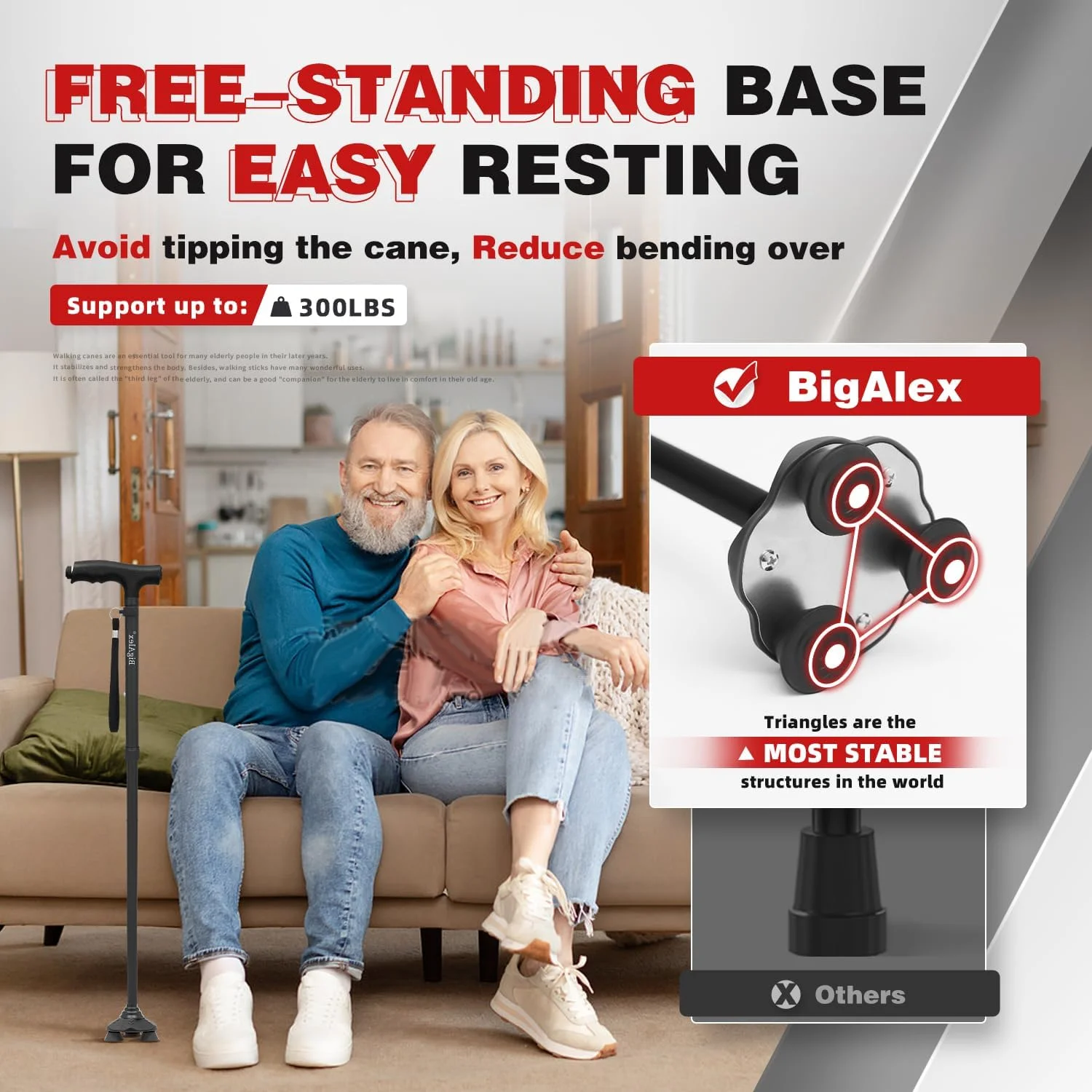 عصای تاشو BigAlex با چراغ LED، عصای سبک و قابل تنظیم برای زنان و مردان، عصای ایستاده، نوک محوری، عصای پیاده روی قابل تنظیم با کیف حمل برای تعادل و ثبات سالمندان