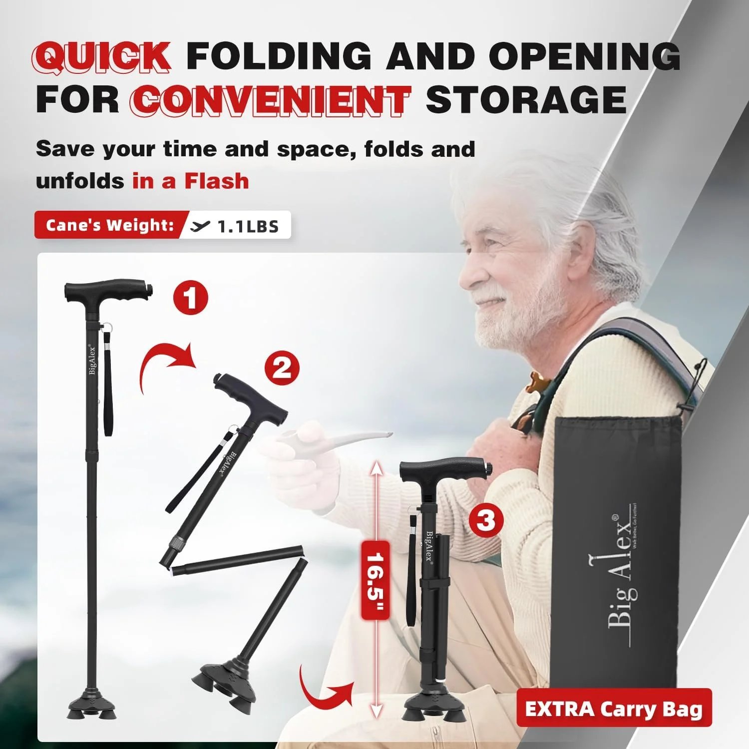 عصای تاشو BigAlex با چراغ LED، عصای سبک و قابل تنظیم برای زنان و مردان، عصای ایستاده، نوک محوری، عصای پیاده روی قابل تنظیم با کیف حمل برای تعادل و ثبات سالمندان