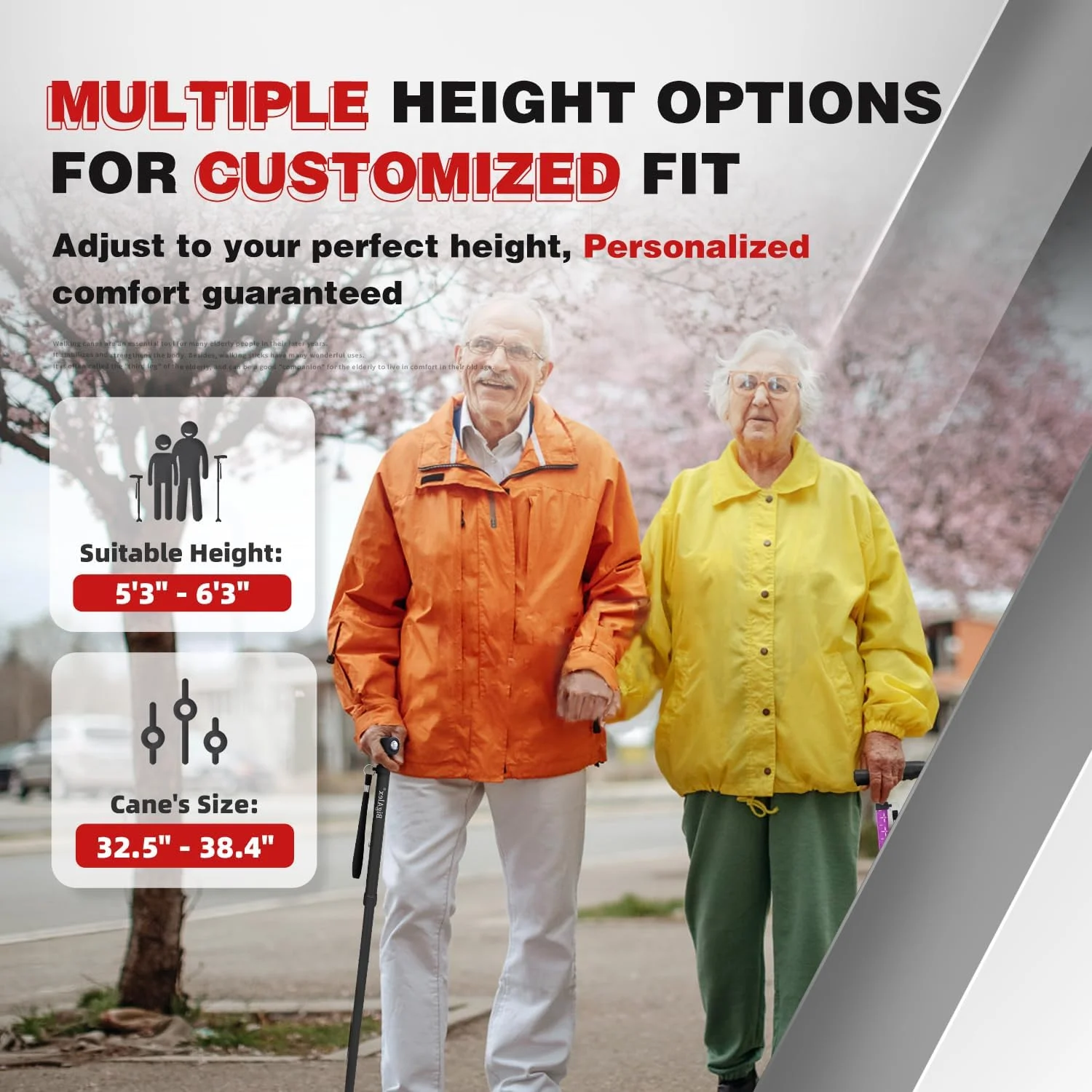 عصای تاشو BigAlex با چراغ LED، عصای سبک و قابل تنظیم برای زنان و مردان، عصای ایستاده، نوک محوری، عصای پیاده روی قابل تنظیم با کیف حمل برای تعادل و ثبات سالمندان