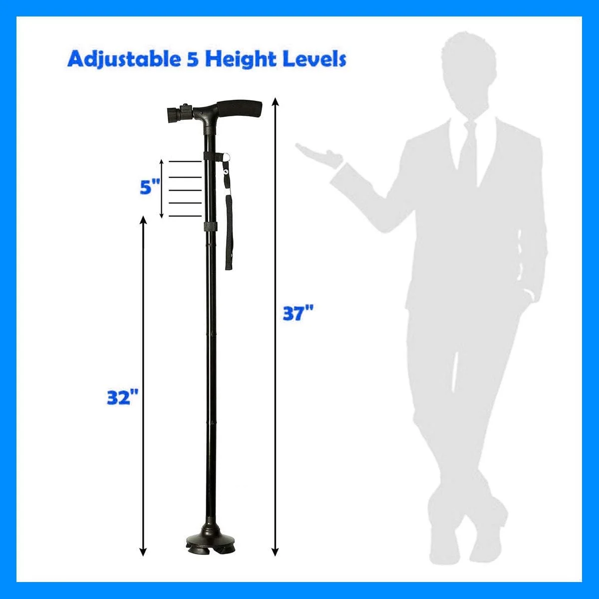 عصای جادویی AWH - عصای پیاده روی هوشمند و آسان قابل تنظیم - عصای پیاده روی تاشو آلومینیومی سبک وزن، عصای پیاده روی قابل تنظیم و تاشو TRUSTY MAGIC CANE + چراغ های LED