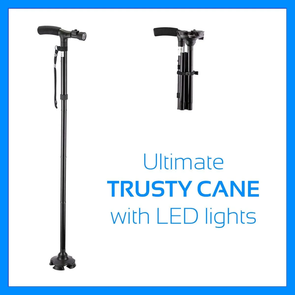 عصای جادویی AWH - عصای پیاده روی هوشمند و آسان قابل تنظیم - عصای پیاده روی تاشو آلومینیومی سبک وزن، عصای پیاده روی قابل تنظیم و تاشو TRUSTY MAGIC CANE + چراغ های LED