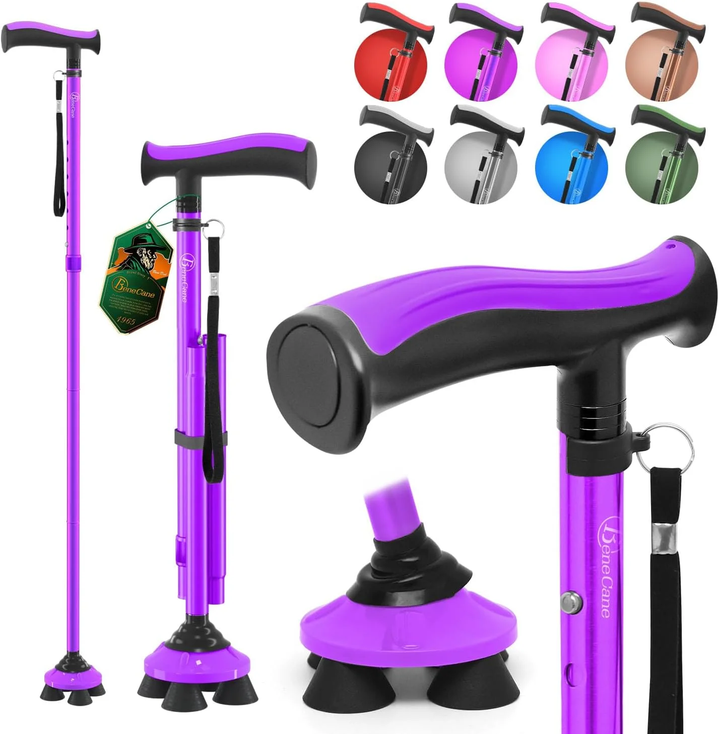 عصای پیاده روی BeneCane تاشو قابل تنظیم سبک و مقاوم برای مردان و زنان با دسته نرم TPR T شکل و کیف مسافرتی