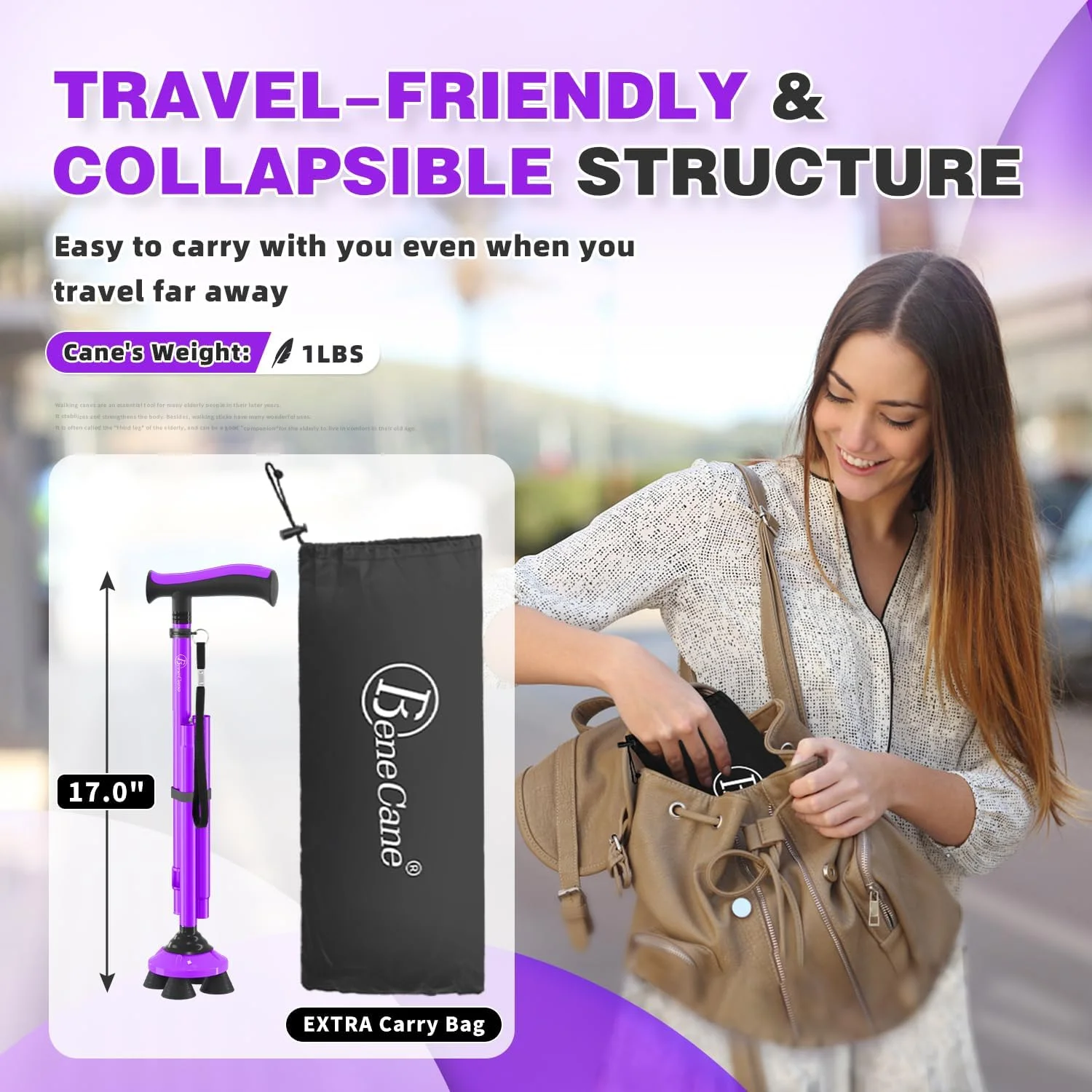 عصای پیاده روی BeneCane تاشو قابل تنظیم سبک و مقاوم برای مردان و زنان با دسته نرم TPR T شکل و کیف مسافرتی عصای پیاده روی BeneCane تاشو قابل تنظیم سبک و مقاوم برای مردان و زنان با دسته نرم TPR T شکل و کیف مسافرتی