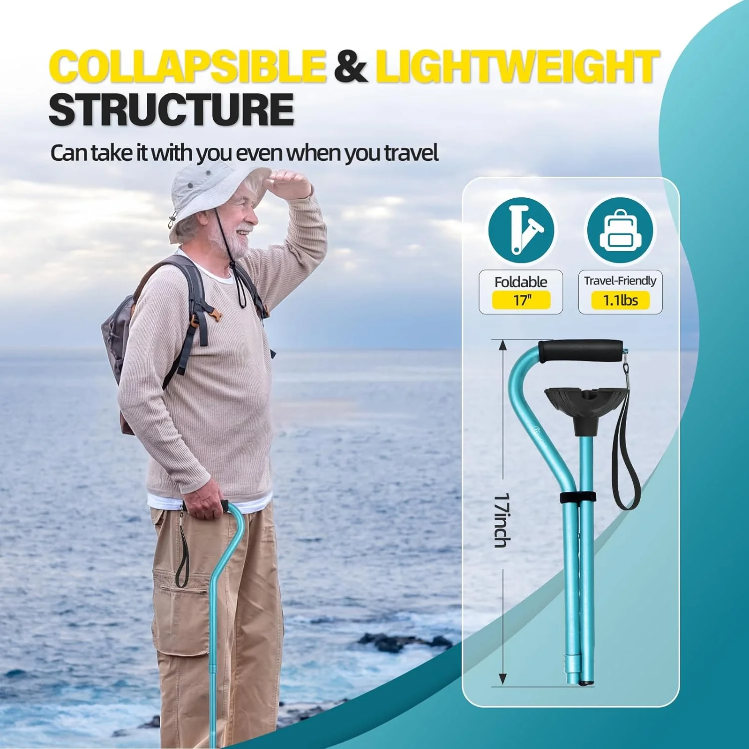 عصای پیاده روی BeneCane، عصای قابل تنظیم با دسته نرم و بالشتکی برای مردان و زنان، سبک وزن، راحت، با پایه ثبات بیشتر، کمک حرکتی برای مردان، زنان و سالمندان