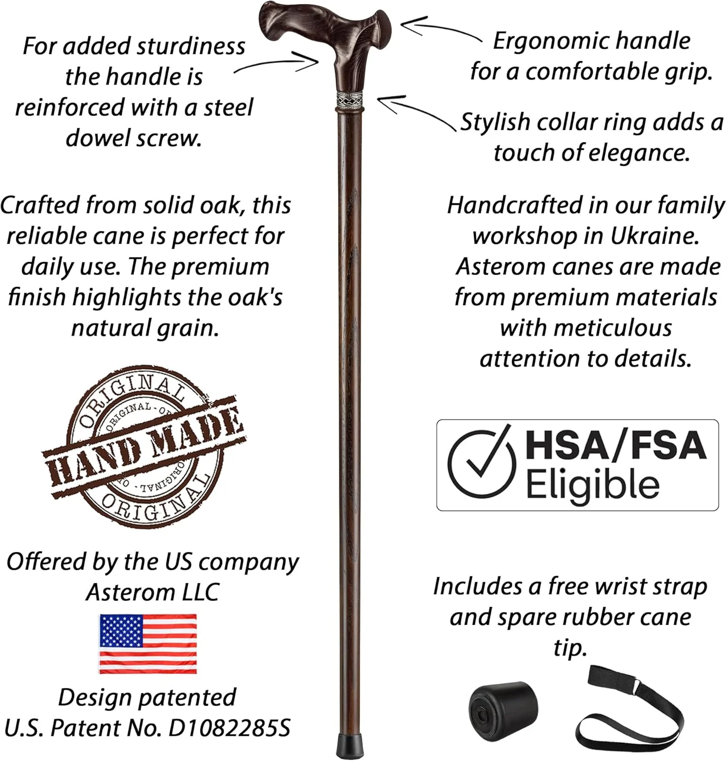 عصای پیاده روی آستروم برای آقایان و بانوان - دست ساز، ارگونومیک، عصای چوبی محکم | عصا برای سالمندان | عصاهای شیک و بادوام