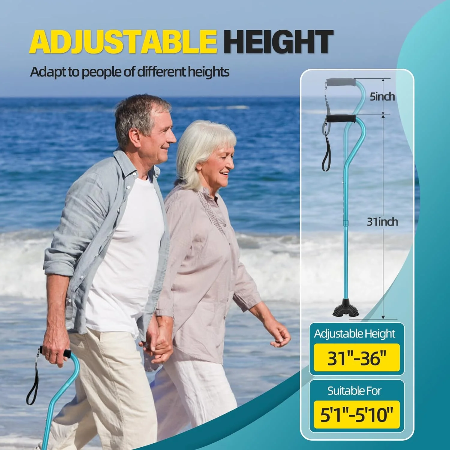 عصای پیاده روی BeneCane، عصای قابل تنظیم با دسته نرم و بالشتکی برای مردان و زنان، سبک وزن، راحت، با پایه ثبات بیشتر، کمک حرکتی برای مردان، زنان و سالمندان