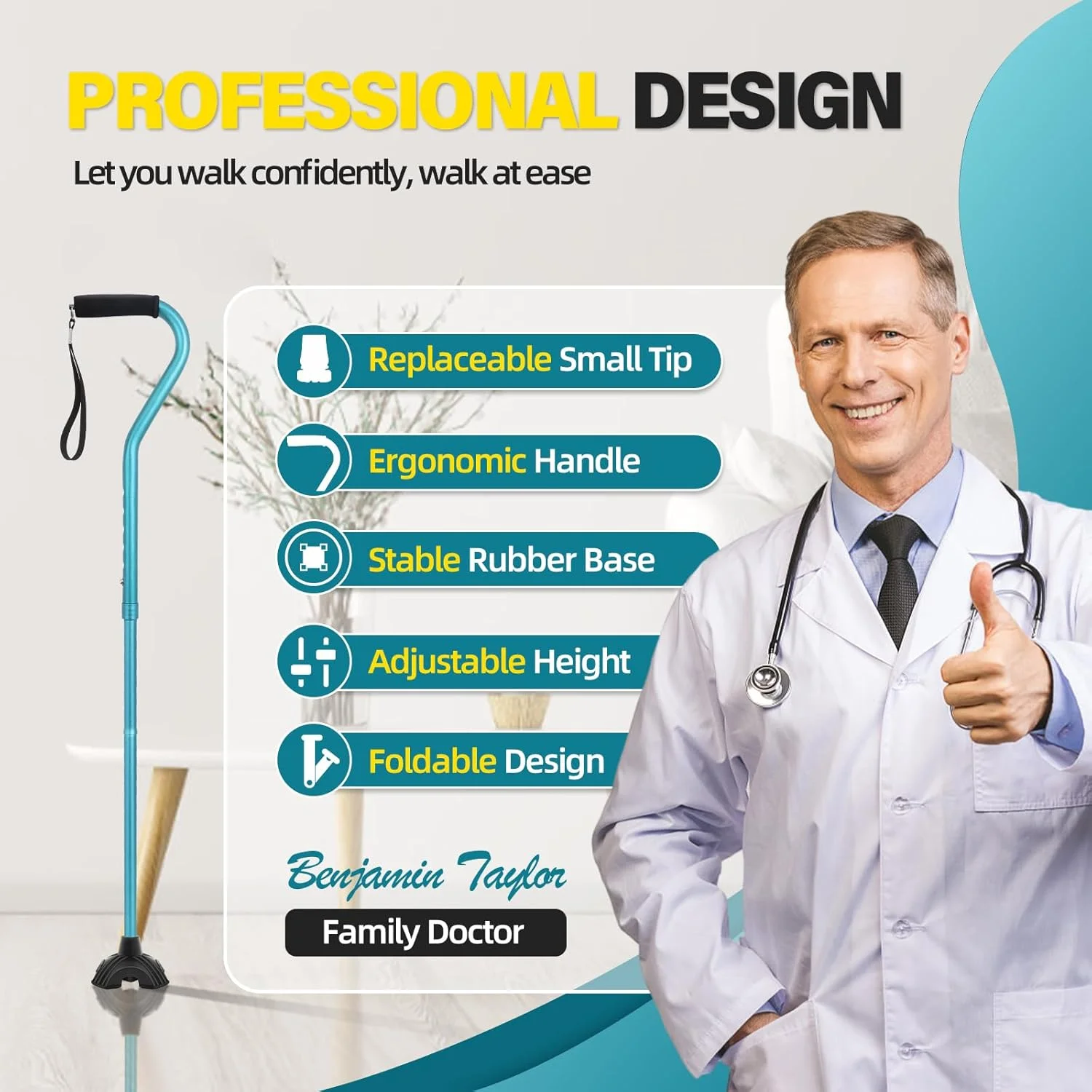 عصای پیاده روی BeneCane، عصای قابل تنظیم با دسته نرم و بالشتکی برای مردان و زنان، سبک وزن، راحت، با پایه ثبات بیشتر، کمک حرکتی برای مردان، زنان و سالمندان