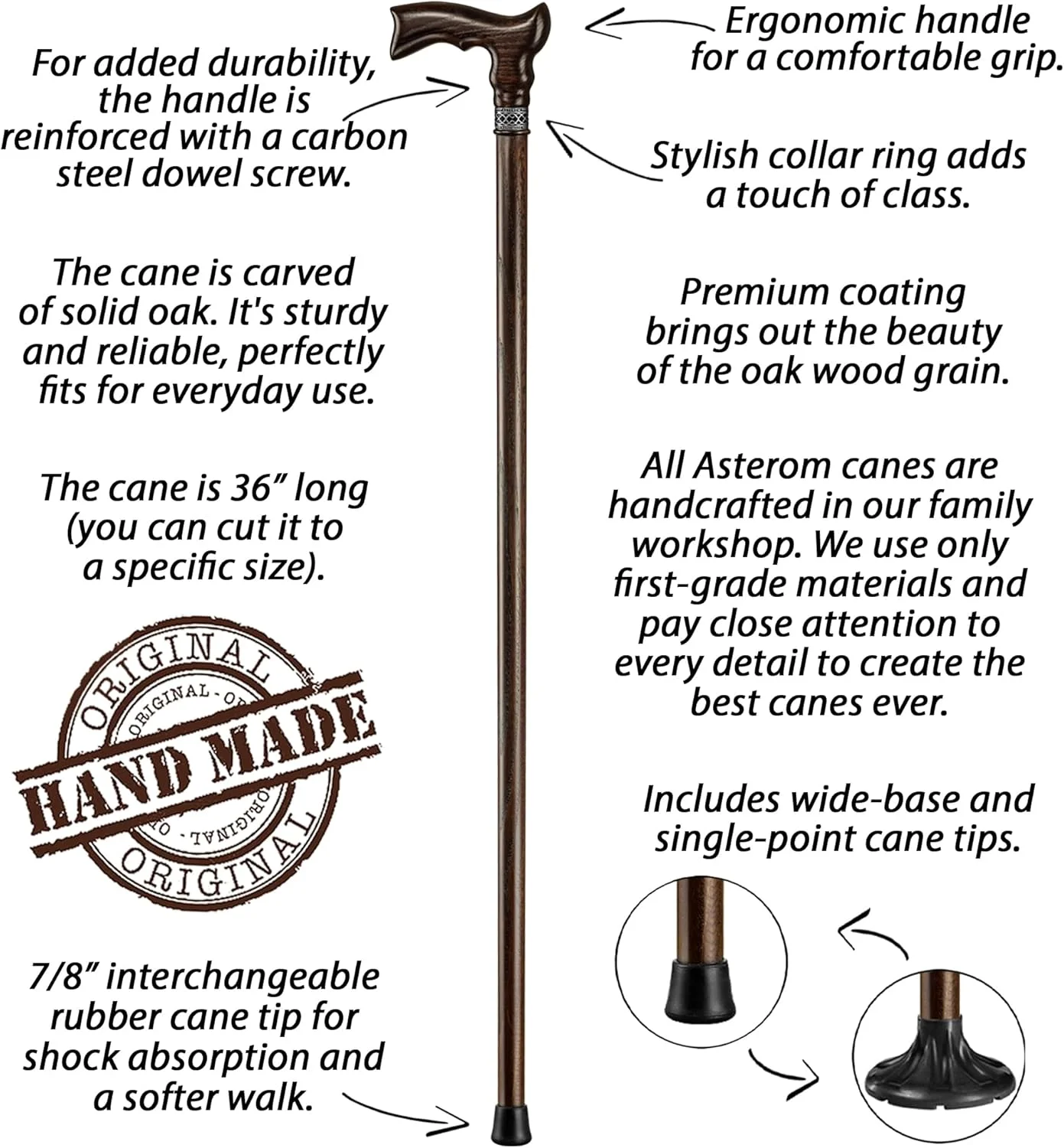 عصای چوبی ارگونومیک دست ساز Asterom برای مردان و زنان - عصای چوبی شیک بلوط مردانه - عصای پیاده روی مد روز