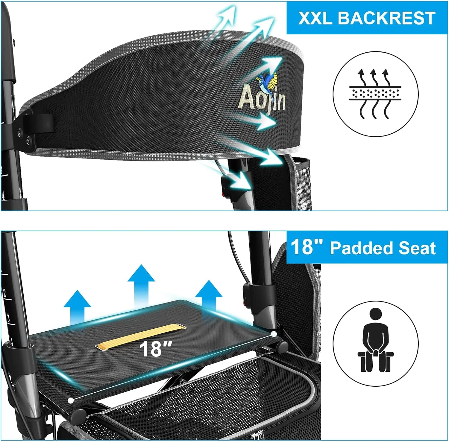 واکر رولی ایوجین مخصوص سالمندان، واکر با صندلی، ظرفیت وزنی 158 کیلوگرم، چرخ های 8 اینچی مناسب تمام سطوح، ارتفاع قابل تنظیم 6 حالته، واکر رولی آلومینیومی سبک وزن برای سالمندان (خاکستری)