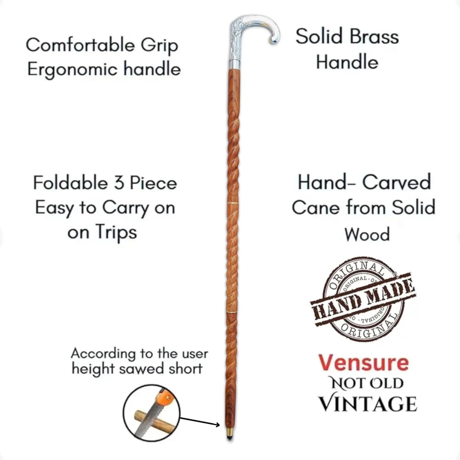 عصای پیاده روی چوبی قهوه ای مارپیچ عتیقه با دسته طوطی برنجی طرح دار، عصای چوبی برای هدیه مردان و زنان