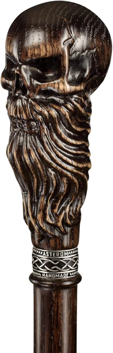 عصای چوبی دست ساز طرح جمجمه ریش دار برای مردان و زنان - عصای پیاده روی استیم پانک منحصر به فرد
