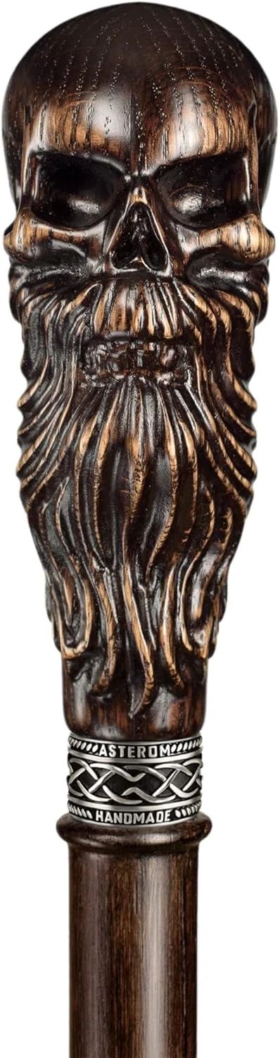 عصای چوبی دست ساز طرح جمجمه ریش دار برای مردان و زنان - عصای پیاده روی استیم پانک منحصر به فرد