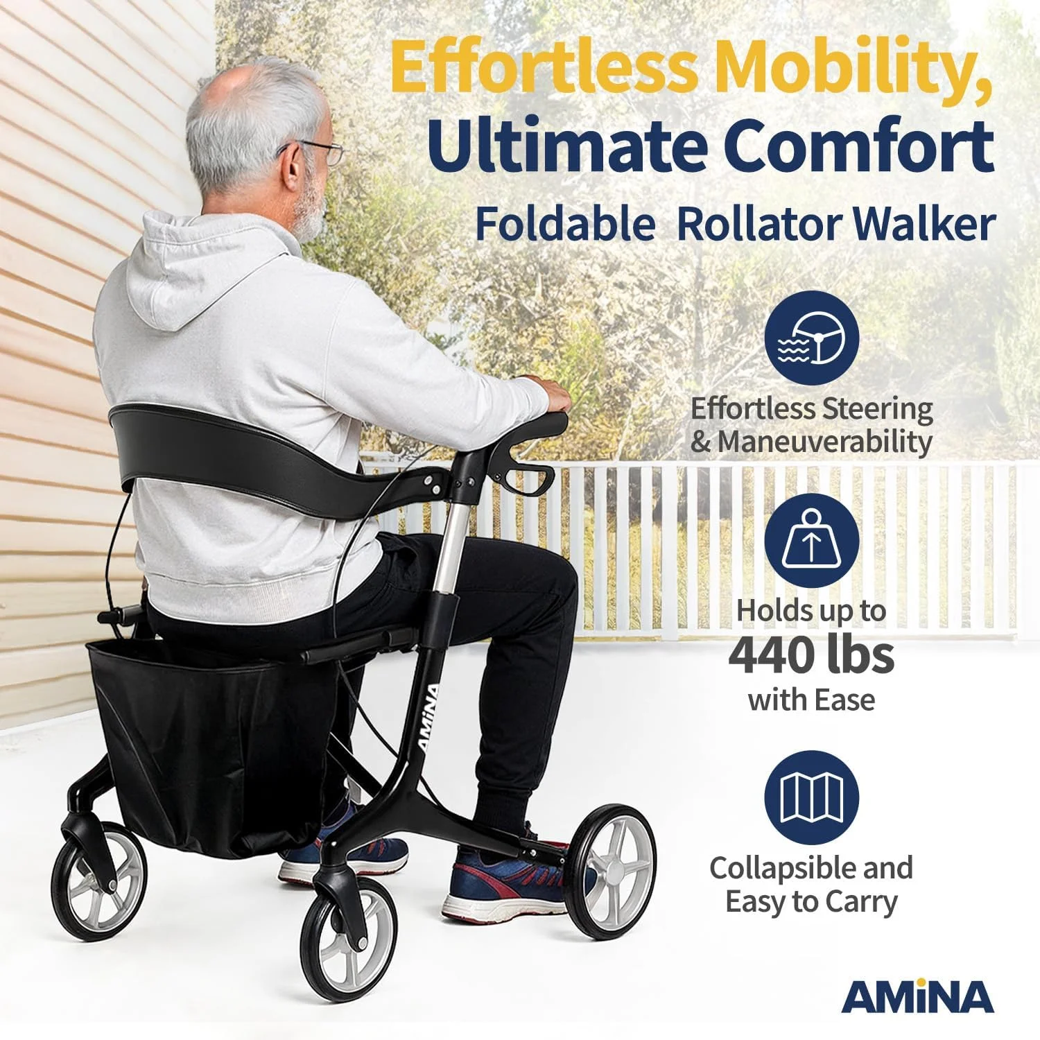 رولیتور واکر فیبر کربنی سبک وزن AMiNA با صندلی، ظرفیت 200 کیلوگرم، طراحی تاشو و سبد جداشدنی - وسیله کمک حرکتی شیک و بادوام (مشکی) رولیتور واکر فیبر کربنی سبک وزن AMiNA با صندلی، ظرفیت 200 کیلوگرم، طراحی تاشو و سبد جداشدنی - وسیله کمک حرکتی شیک و بادوام (مشکی)