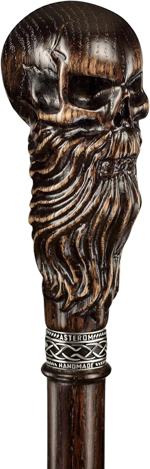 عصای چوبی دست ساز طرح جمجمه ریش دار برای مردان و زنان - عصای پیاده روی استیم پانک منحصر به فرد