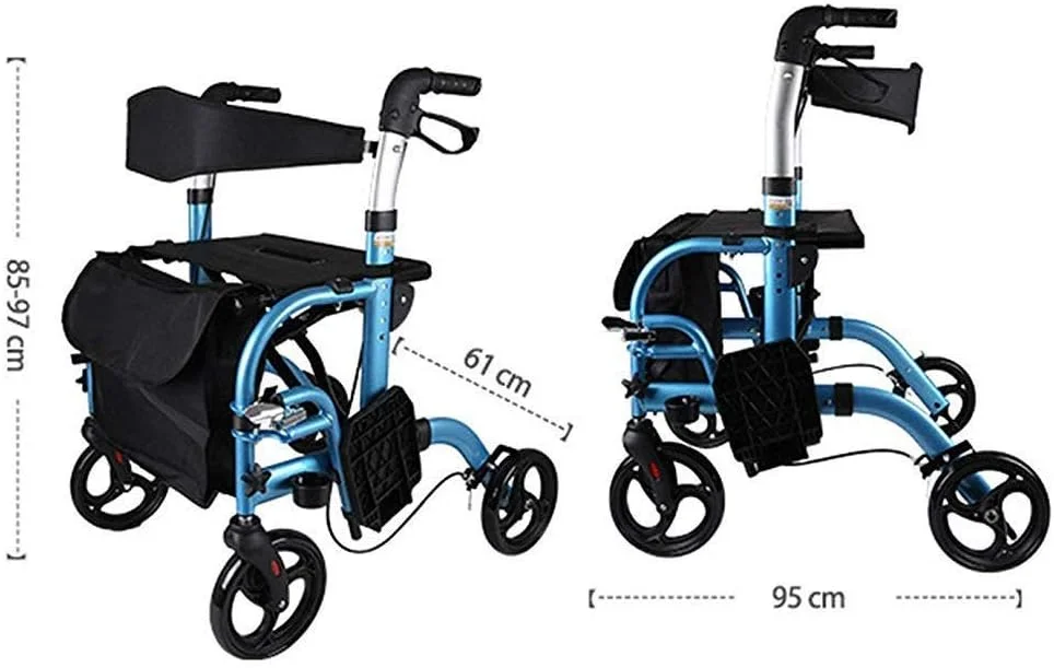 واکر تاشو چرخدار AMhuui، واکر چرخدار سبک وزن قابل تنظیم برای بزرگسالان، سالمندان و معلولین، صندلی حمل و نقل آلومینیومی با دسته قابل تنظیم و کیف حمل