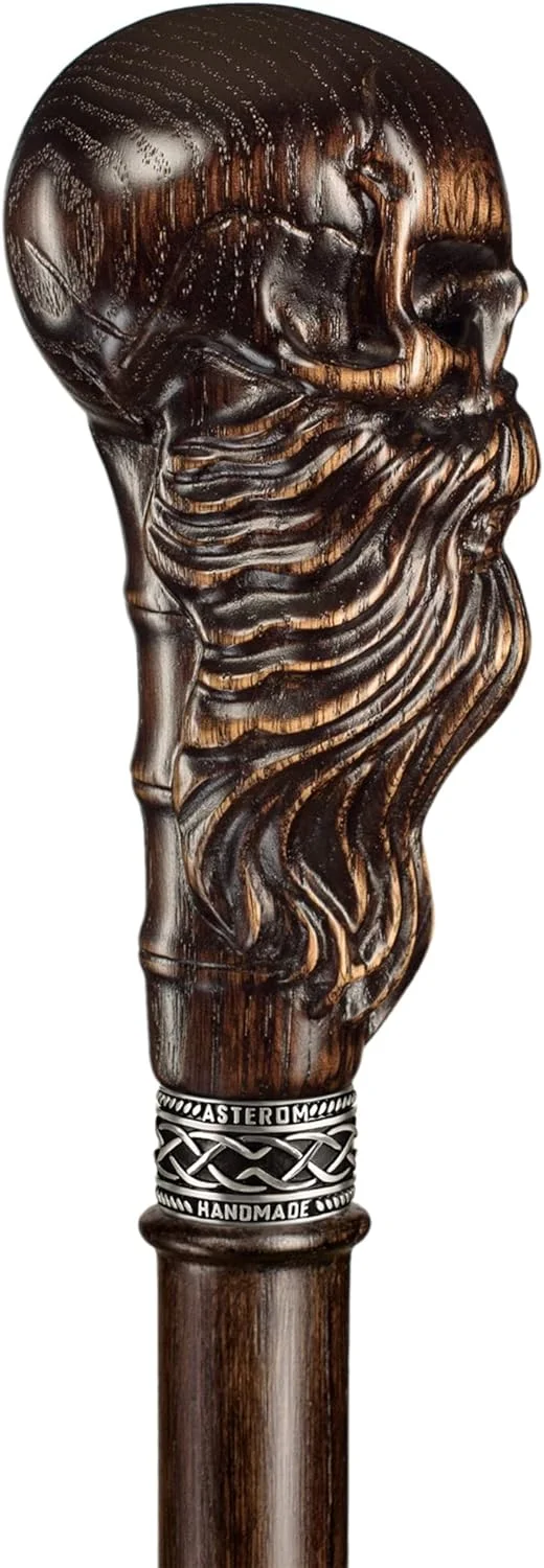 عصای چوبی دست ساز طرح جمجمه ریش دار برای مردان و زنان - عصای پیاده روی استیم پانک منحصر به فرد