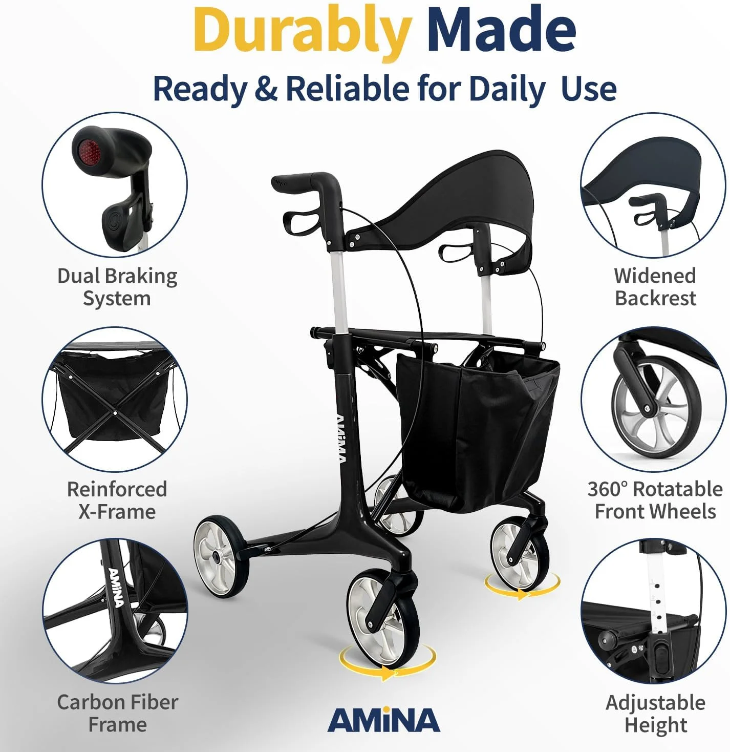 رولیتور واکر فیبر کربنی سبک وزن AMiNA با صندلی، ظرفیت 200 کیلوگرم، طراحی تاشو و سبد جداشدنی - وسیله کمک حرکتی شیک و بادوام (مشکی) رولیتور واکر فیبر کربنی سبک وزن AMiNA با صندلی، ظرفیت 200 کیلوگرم، طراحی تاشو و سبد جداشدنی - وسیله کمک حرکتی شیک و بادوام (مشکی)