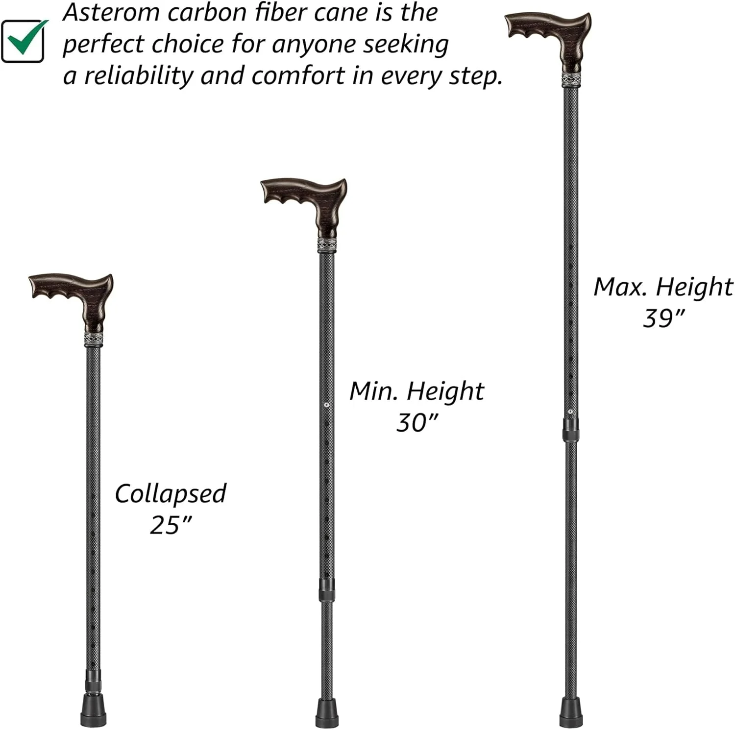 عصای فیبر کربن Asterom - سبک، ارگونومیک، قابل تنظیم - عصاهای پیاده روی برای آقایان و بانوان، عصای پیاده روی کربنی، عصاهای پیاده روی شیک برای سالمندان
