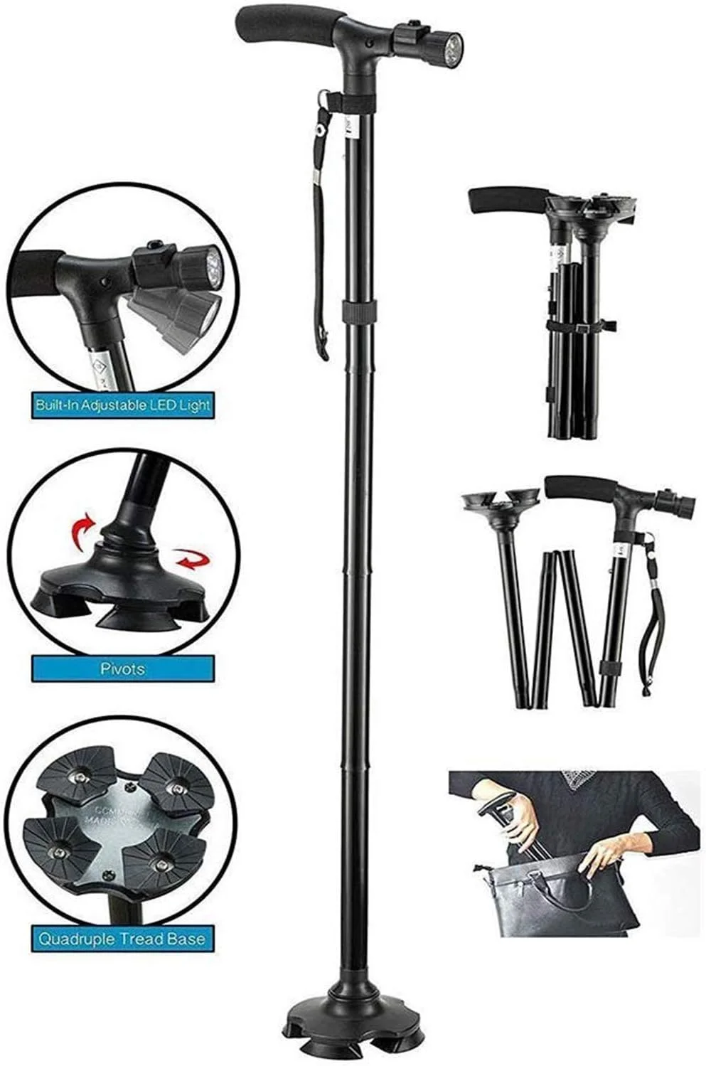 عصا پیاده روی آمافس، عصای تاشو با چراغ ال ای دی برای مردان و زنان، عصای پیاده روی قابل تنظیم برای سالمندان با دسته بالشتکی T و پایه چهارگانه چرخشی، مناسب برای منزل عصا پیاده روی آمافس، عصای تاشو با چراغ ال ای دی برای مردان و زنان، عصای پیاده روی قابل تنظیم برای سالمندان با دسته بالشتکی T و پایه چهارگانه چرخشی، مناسب برای منزل