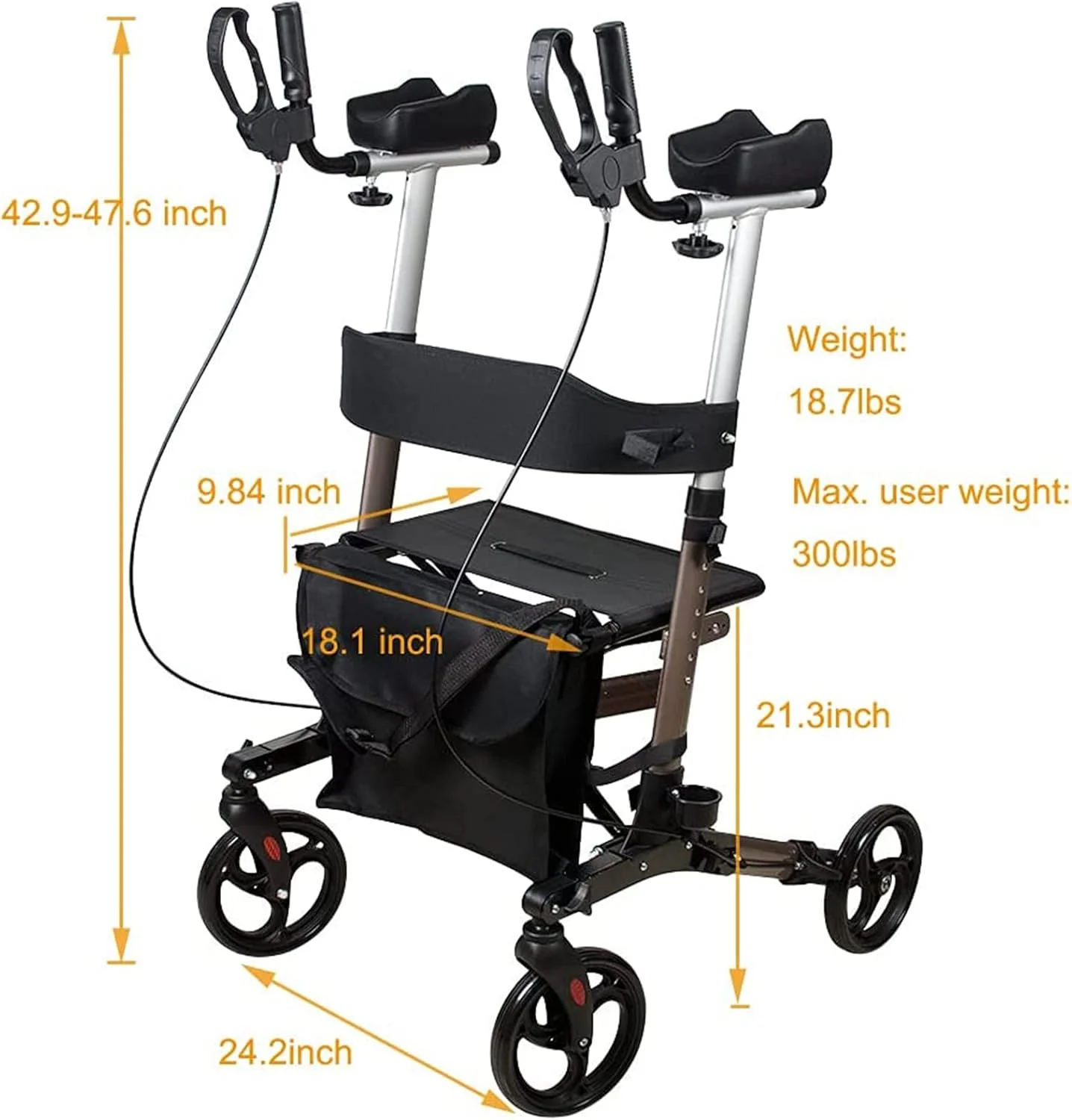 واکر رولیتور ایستاده آلومینیومی با تکیه‌گاه بازو، برای سالمندان و بیماران، چرخ‌های 8 اینچی، سنگین وزن، 6 ارتفاع دسته قابل تنظیم