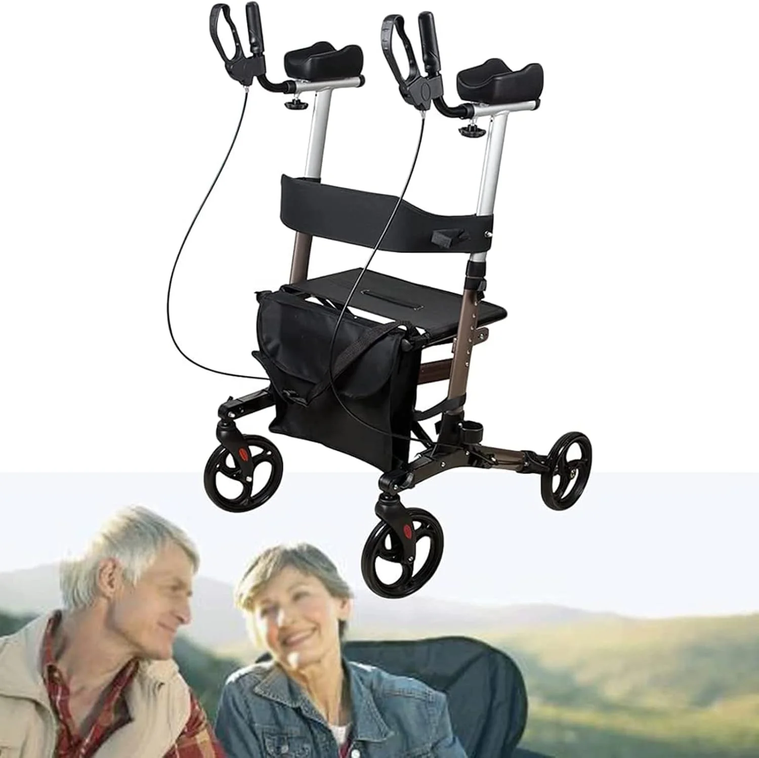 واکر رولیتور ایستاده آلومینیومی با تکیه‌گاه بازو، برای سالمندان و بیماران، چرخ‌های 8 اینچی، سنگین وزن، 6 ارتفاع دسته قابل تنظیم