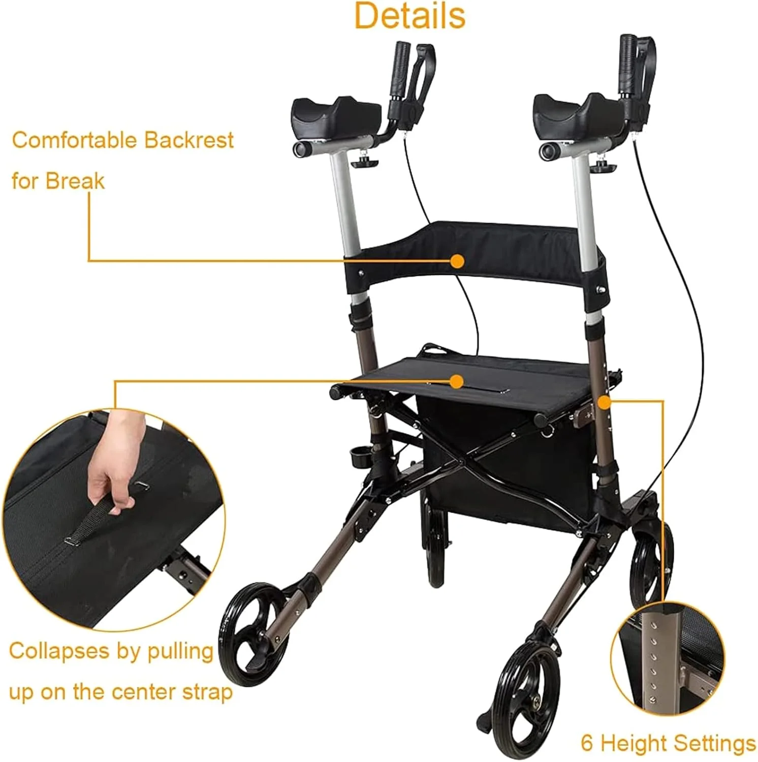 واکر رولیتور ایستاده آلومینیومی با تکیه‌گاه بازو، برای سالمندان و بیماران، چرخ‌های 8 اینچی، سنگین وزن، 6 ارتفاع دسته قابل تنظیم