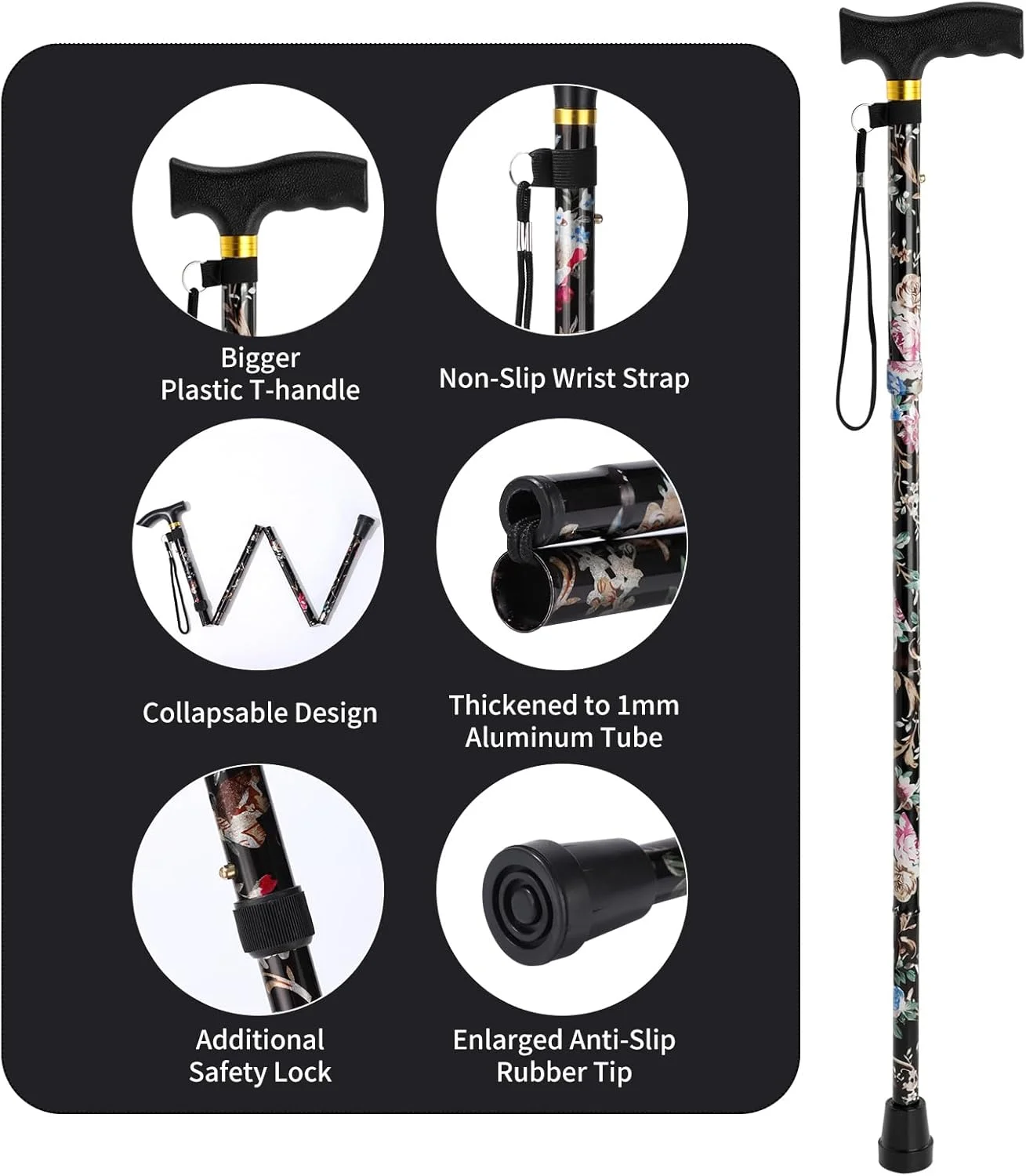 عصای پیاده روی ANCKNE برای خانم ها | سبک وزن، قابل تنظیم در 5 سطح ارتفاع و عصای تاشو آلومینیومی برای سالمندان | دسته چرخ دار ارگونومیک | عصای تاشو قابل حمل