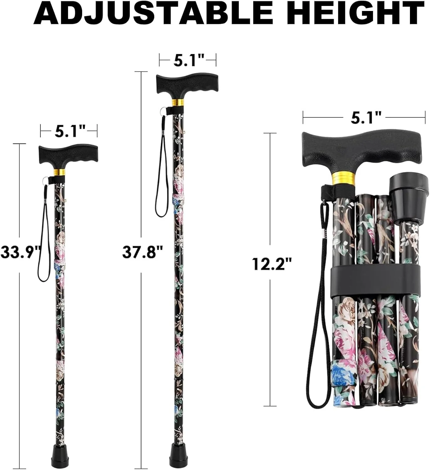 عصای پیاده روی ANCKNE برای خانم ها | سبک وزن، قابل تنظیم در 5 سطح ارتفاع و عصای تاشو آلومینیومی برای سالمندان | دسته چرخ دار ارگونومیک | عصای تاشو قابل حمل