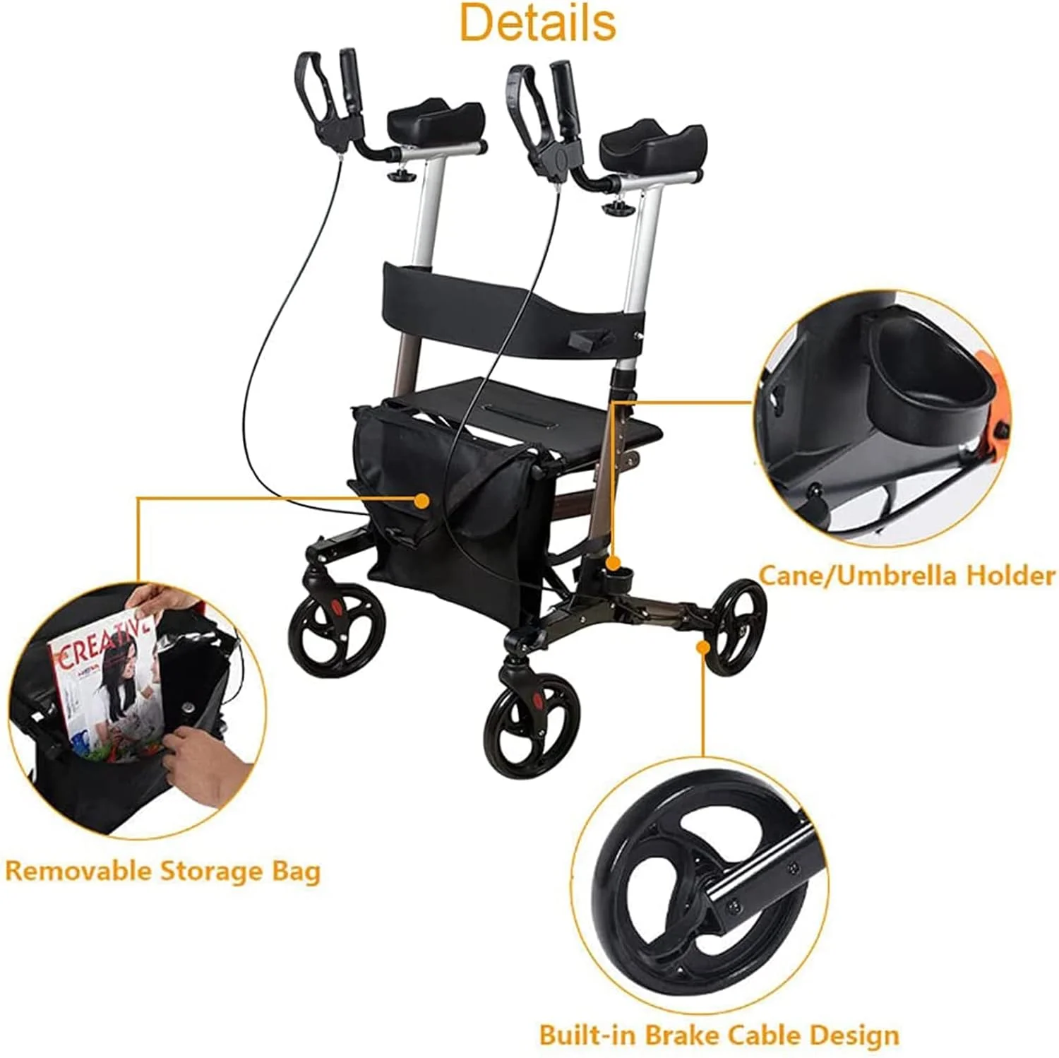 واکر رولیتور ایستاده آلومینیومی با تکیه‌گاه بازو، برای سالمندان و بیماران، چرخ‌های 8 اینچی، سنگین وزن، 6 ارتفاع دسته قابل تنظیم