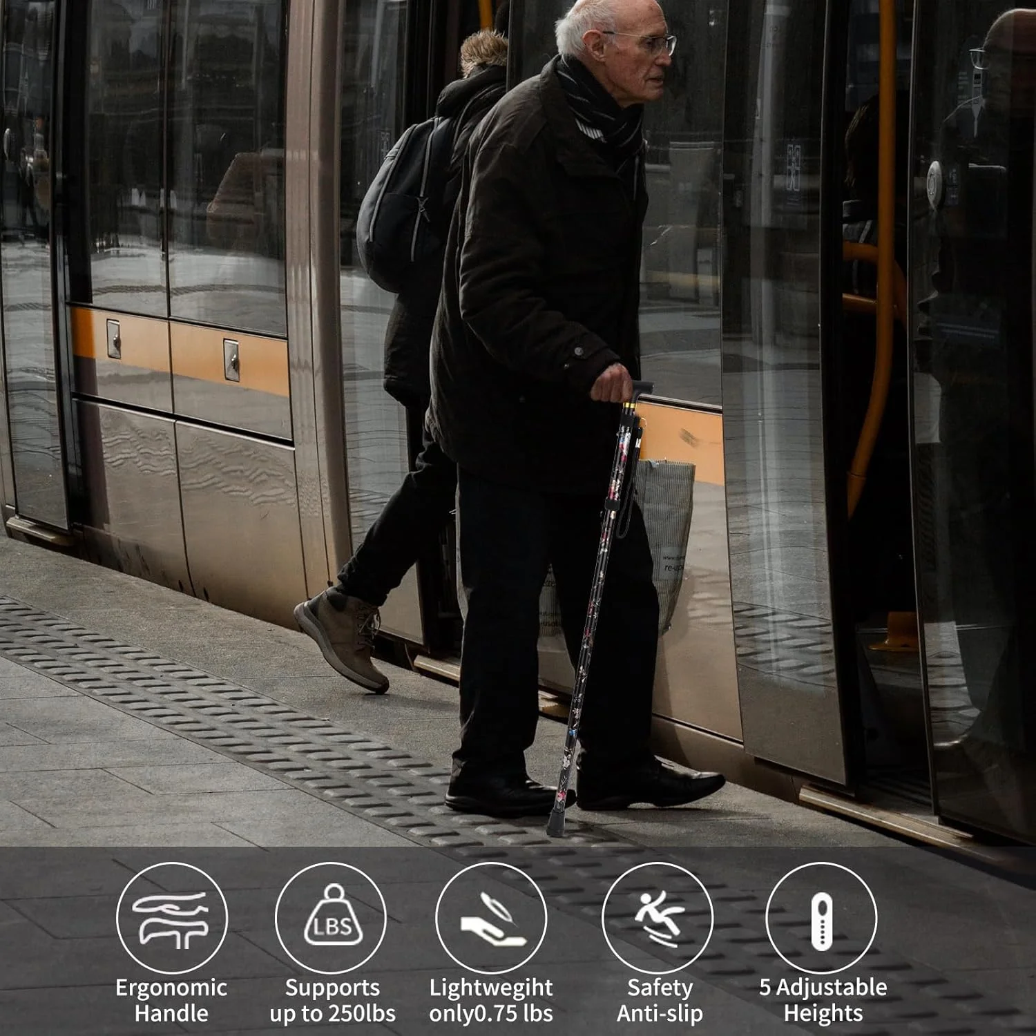 عصای پیاده روی ANCKNE برای خانم ها | سبک وزن، قابل تنظیم در 5 سطح ارتفاع و عصای تاشو آلومینیومی برای سالمندان | دسته چرخ دار ارگونومیک | عصای تاشو قابل حمل