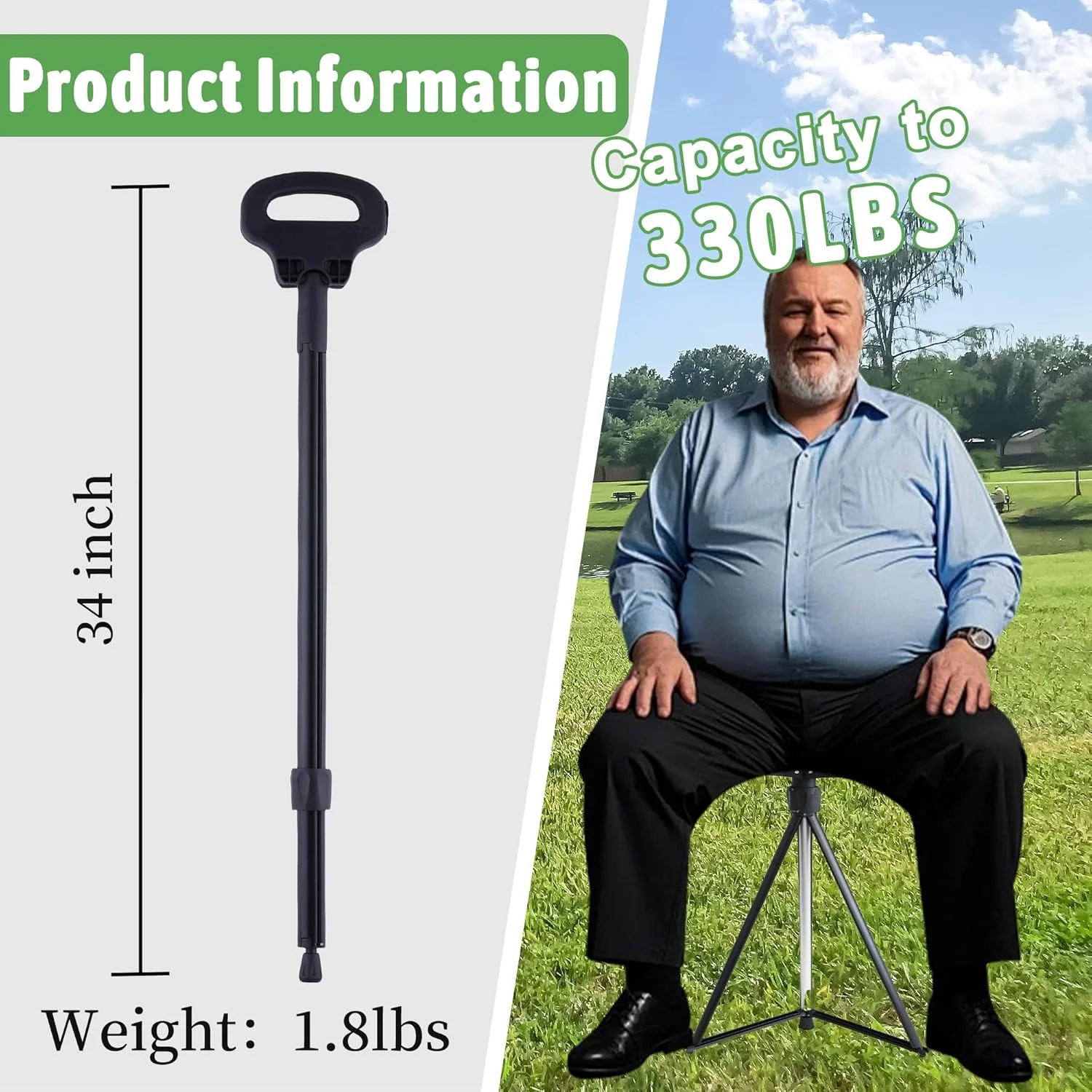 عصای پیاده روی صندلی دار ALEVMOOM، عصای تاشو قابل حمل، صندلی عصایی برای بزرگسالان، صندلی جمع شونده سبک وزن برای سالمندان، حداکثر بار 200 کیلوگرم، صندلی استراحت مسافرتی در فضای باز با کیف حمل