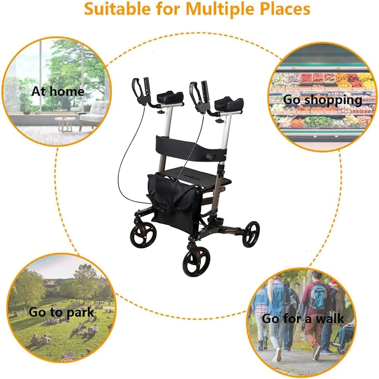 واکر رولیتور ایستاده آلومینیومی با تکیه‌گاه بازو، برای سالمندان و بیماران، چرخ‌های 8 اینچی، سنگین وزن، 6 ارتفاع دسته قابل تنظیم