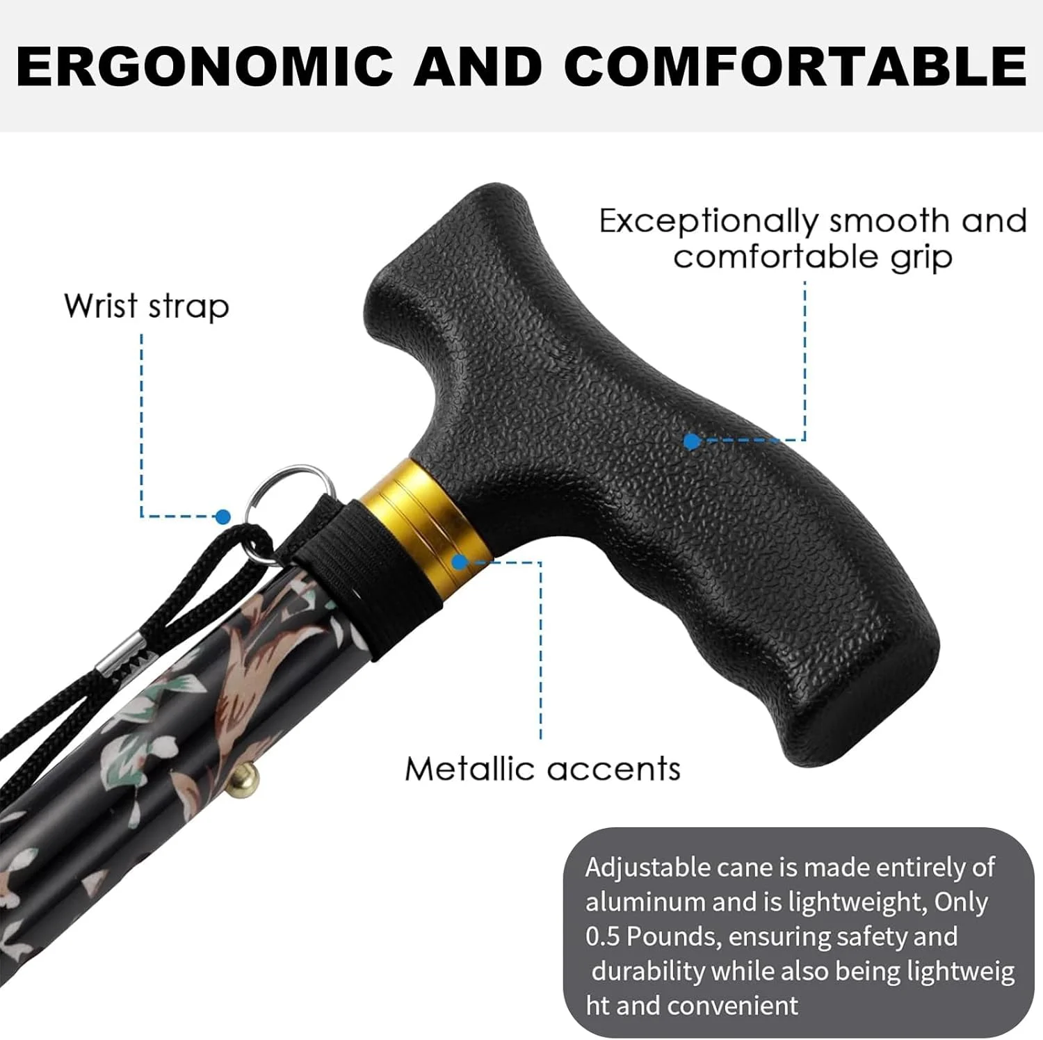 عصای پیاده روی ANCKNE برای خانم ها | سبک وزن، قابل تنظیم در 5 سطح ارتفاع و عصای تاشو آلومینیومی برای سالمندان | دسته چرخ دار ارگونومیک | عصای تاشو قابل حمل